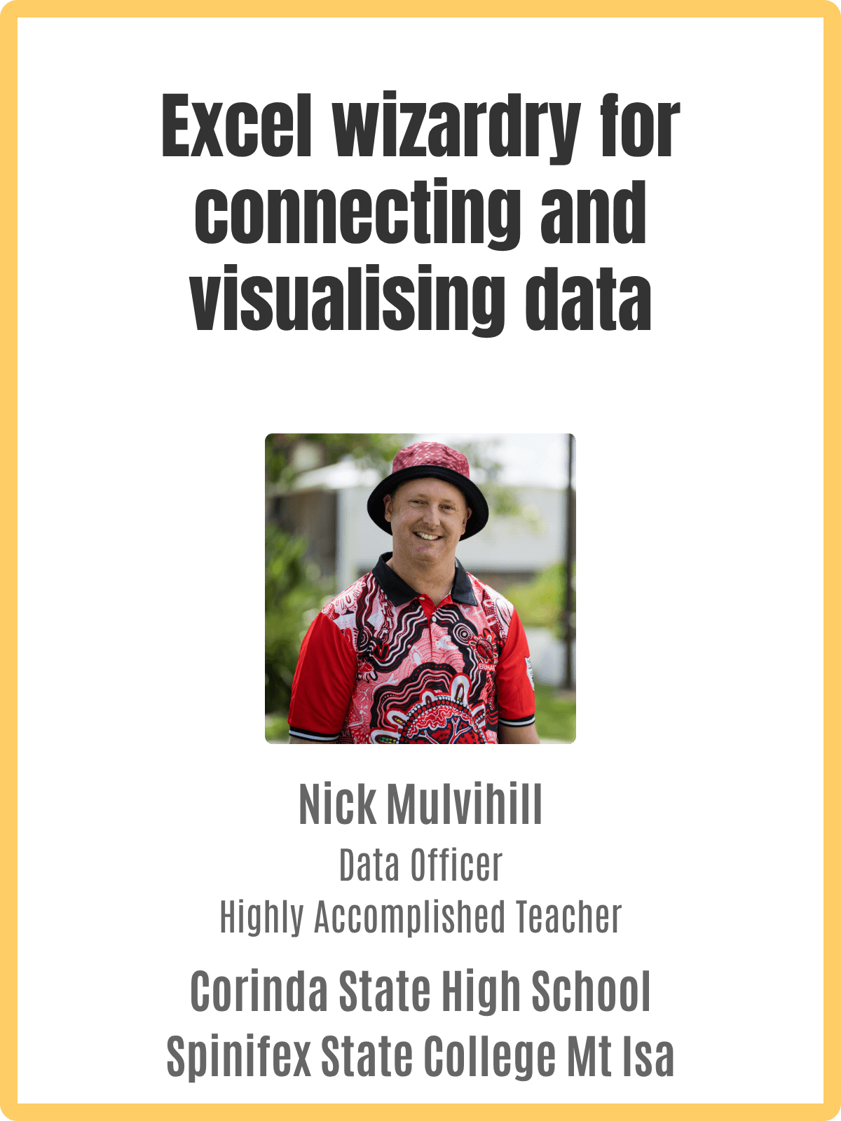 A certificate of recognition featuring a photo of Nick Mulvihill, a man in a red and black patterned shirt and a hat, smiling outdoors. The certificate awards him as Data Officer and Highly Accomplished Teacher at Corinda State High School, Spinifex State College Mt Isa.