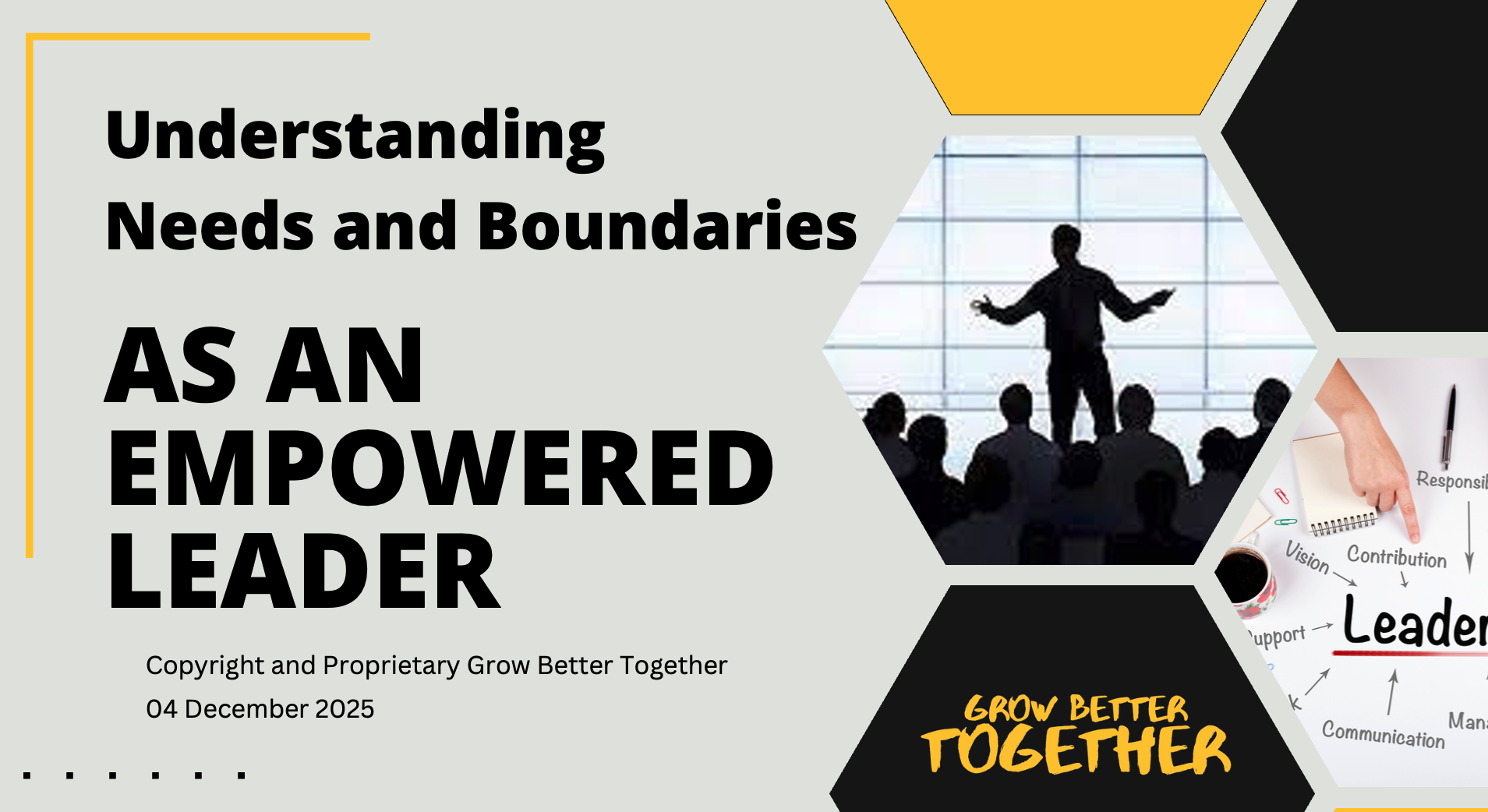 A presentation slide titled 'Understanding Needs and Boundaries as an Empowered Leader', with images of a man speaking to an audience, a hand pointing to the word 'Leadership', and the phrase 'Grow Better Together' in bold yellow font.