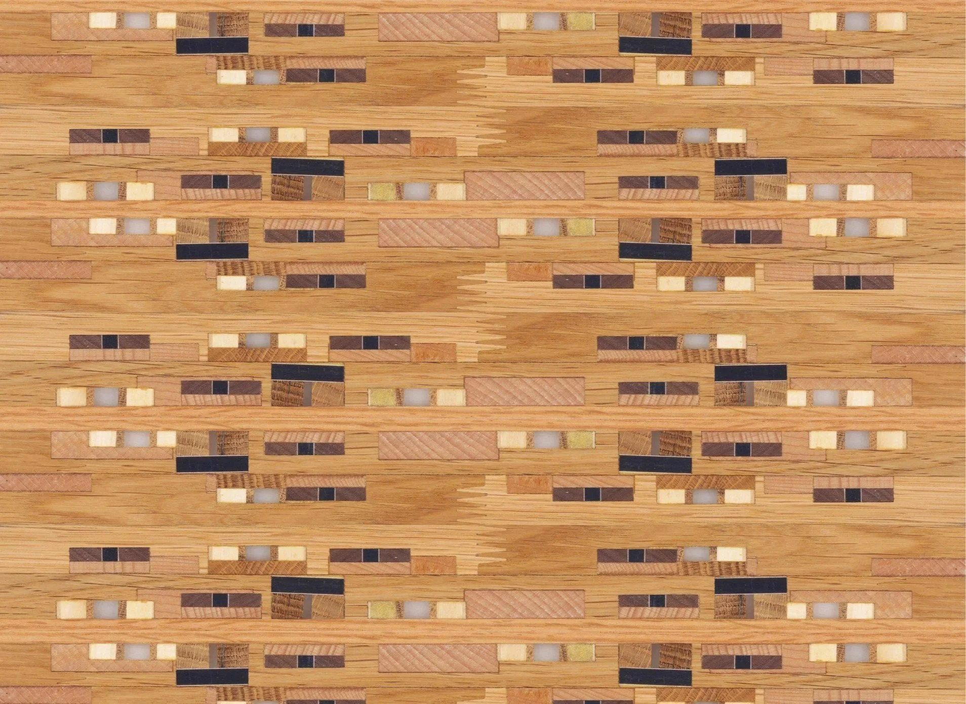 Close-up of a wooden mosaic tabletop with small, rectangular pieces in various shades of brown, black, and cream arranged in a geometric pattern.