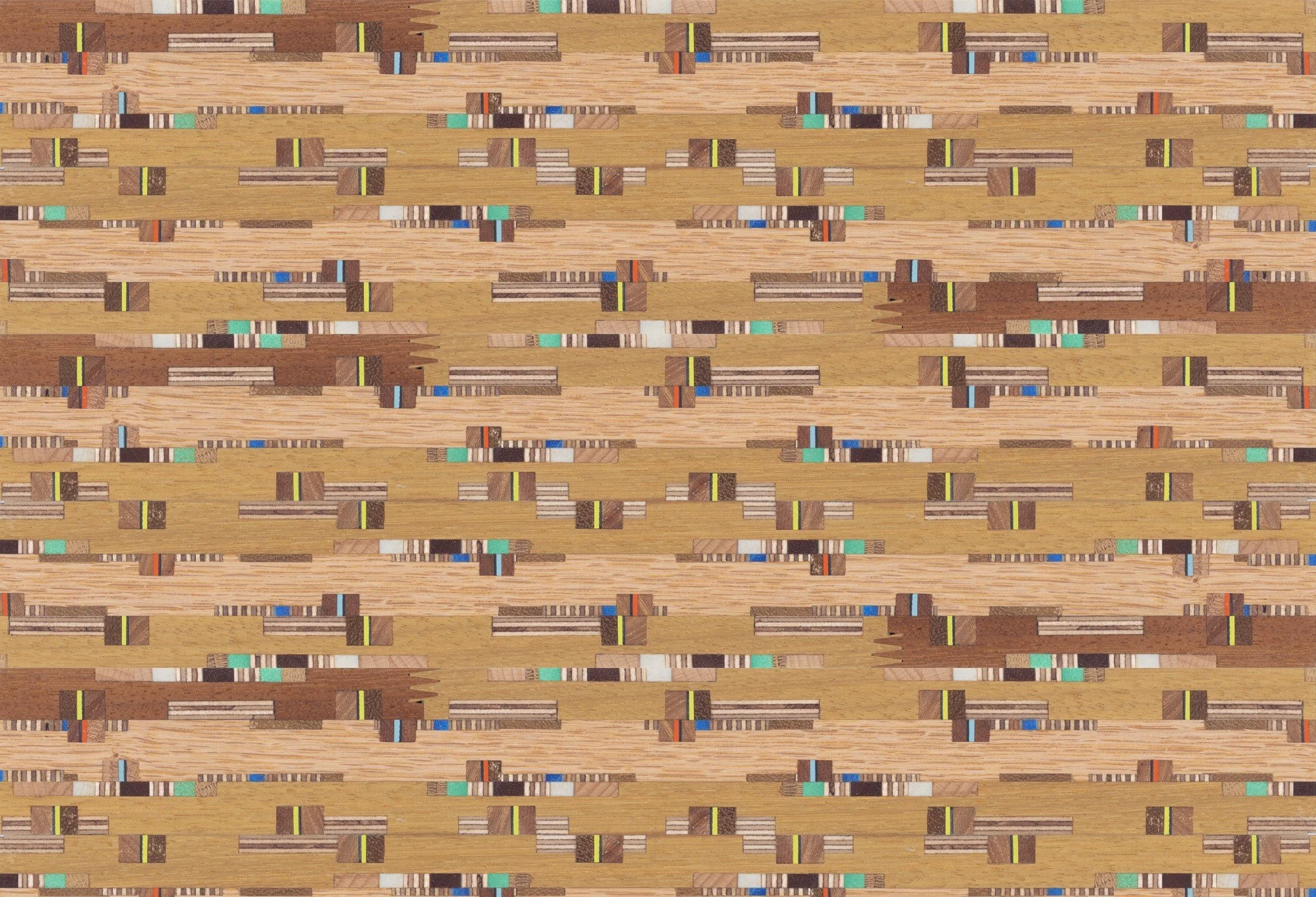 Close-up of a striped, multicolored wooden parquet flooring with various rectangular wood pieces arranged in a repeating pattern.