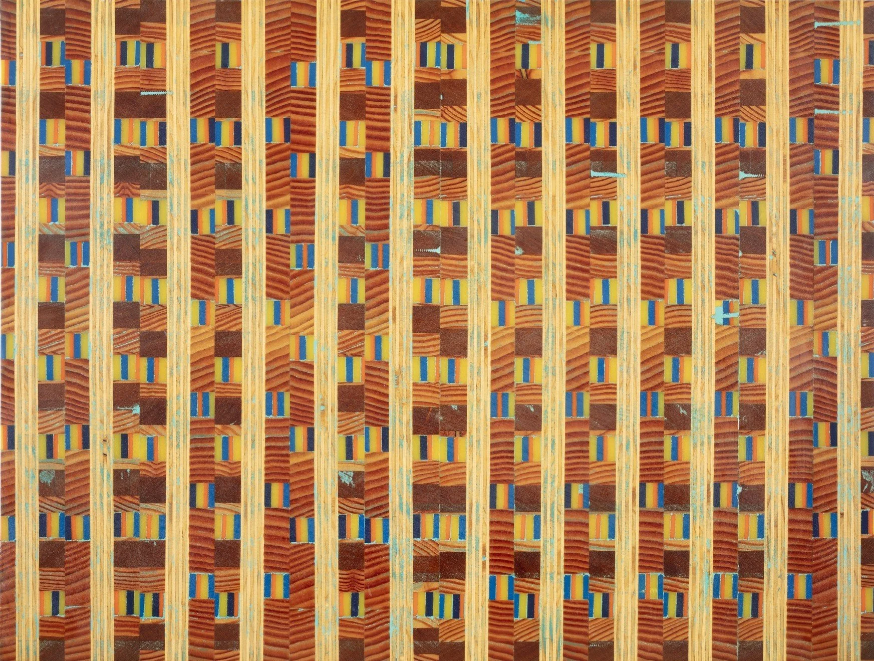 A detailed close-up view of a woven fabric with vertical wooden slats overlaying the pattern.