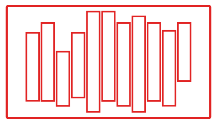 Red outline of a bar graph with nine bars on a black background.