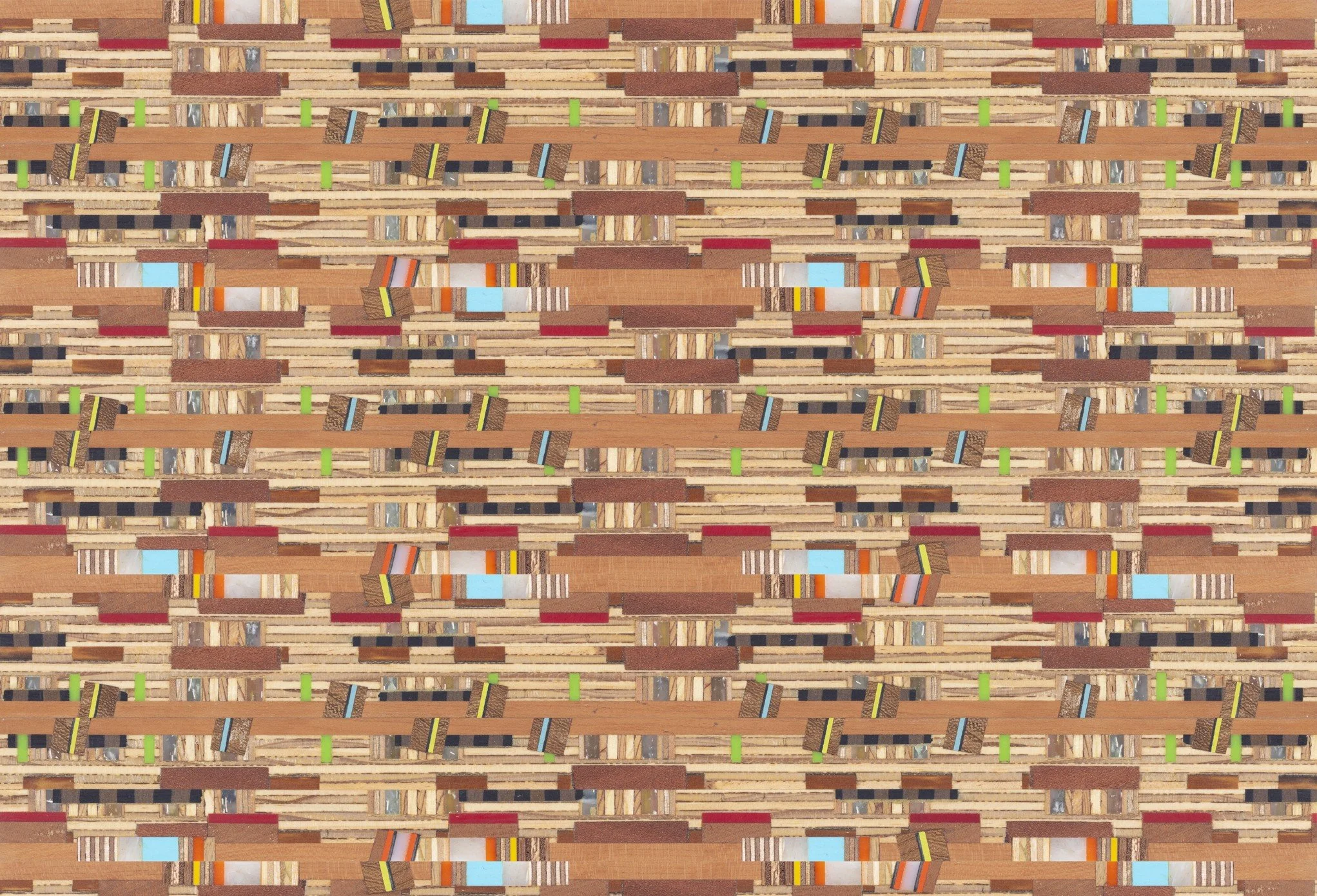 A collage of wooden matchsticks arranged in a pattern with some matchsticks having colored strikes in green, yellow, and black.