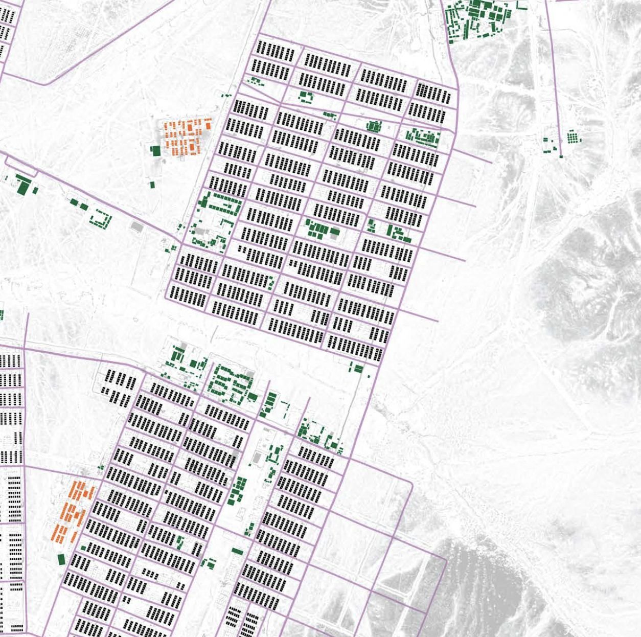 Map showing a grid layout of streets and buildings, with solar panels marked in black, some clusters of green spaces, and areas highlighted in orange and gray, set against a white and light gray terrain background.