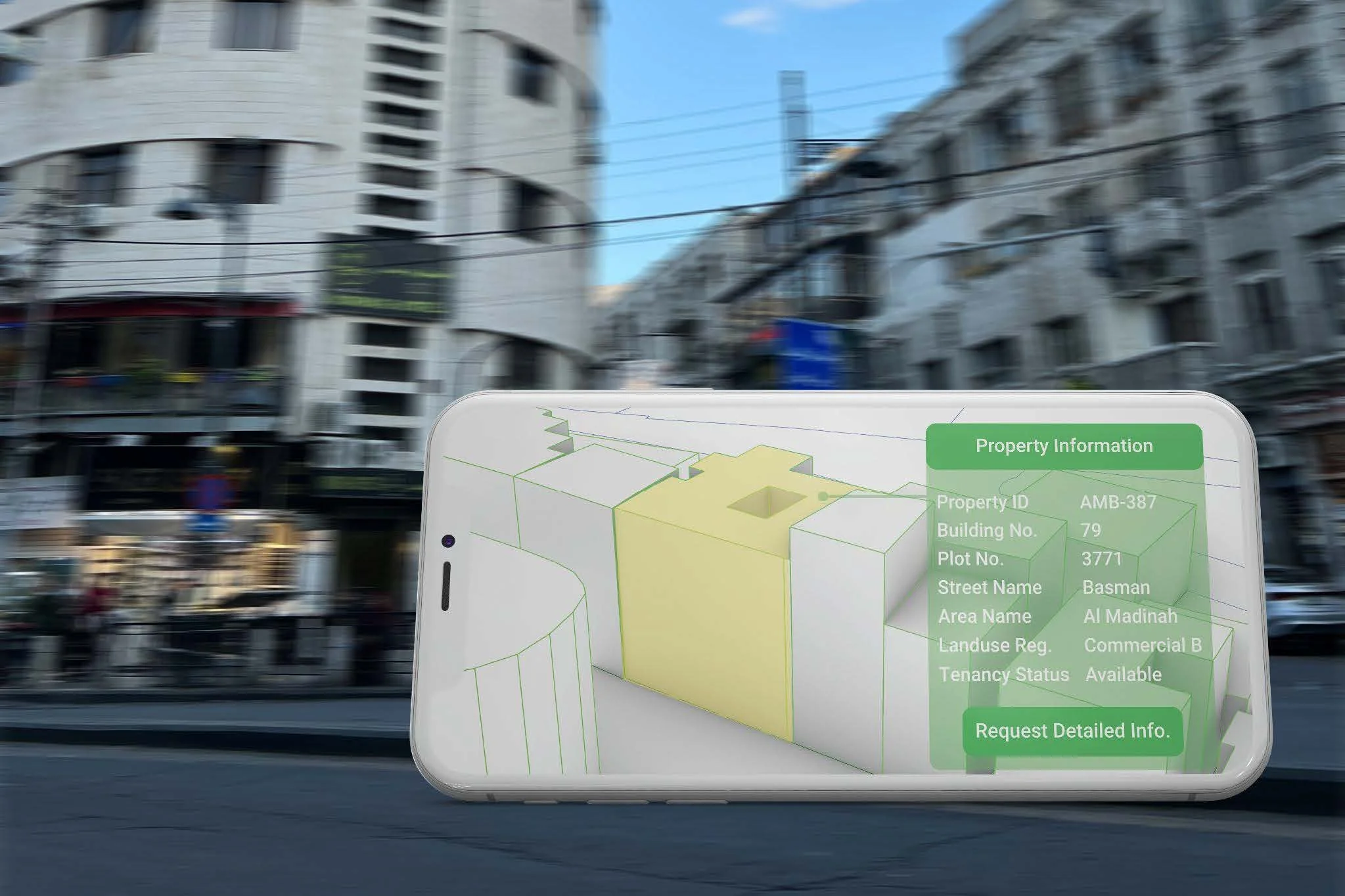 A blurry urban street scene with white multi-story buildings and a blue sky, viewed through a window with a digital property map overlay on a mobile device, showing property details like ID, building number, plot number, street name, area, land use, 