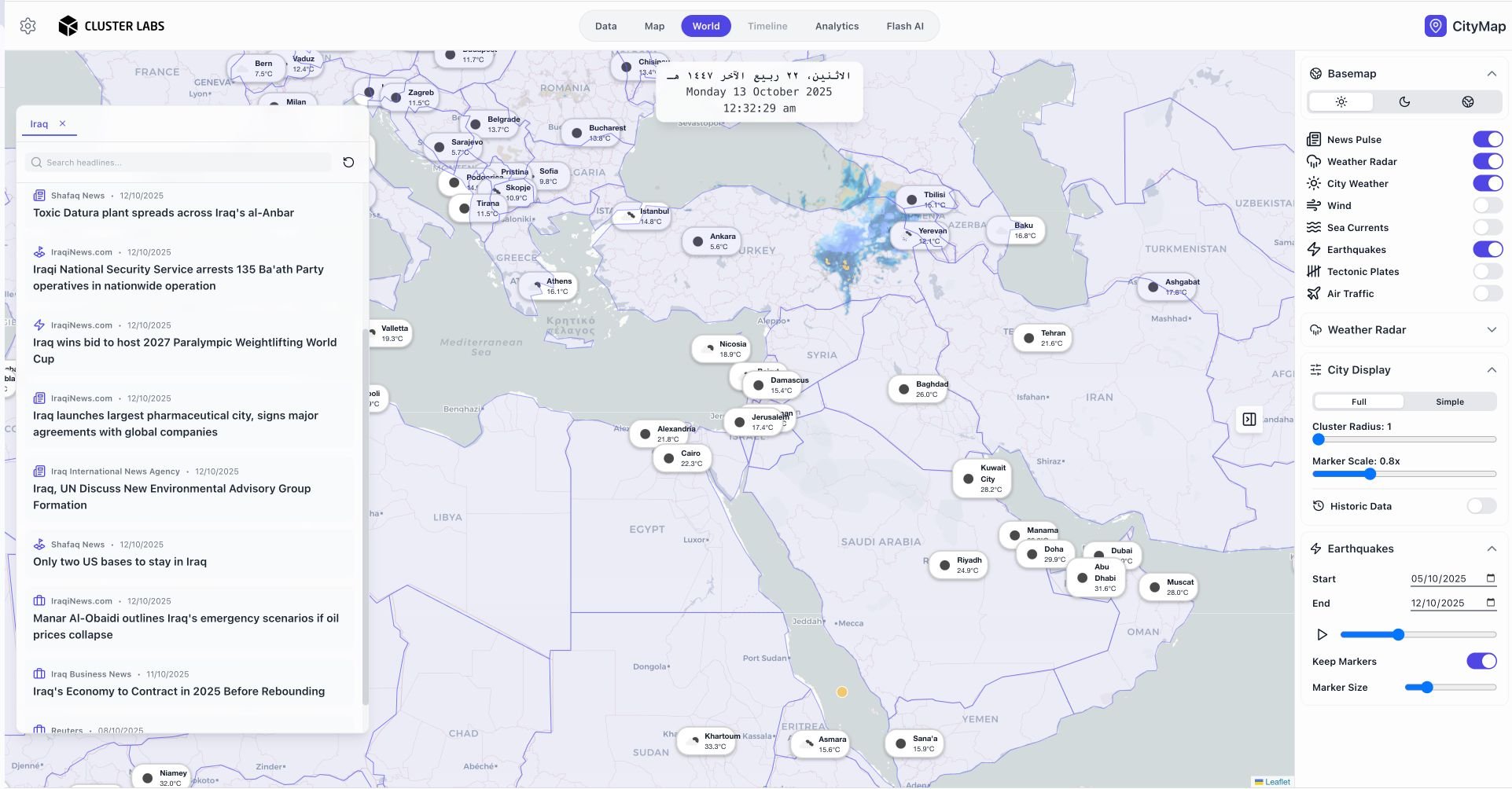 An interactive map of the Middle East and surrounding regions showing weather data and news headlines. Cities like Baghdad, Cairo, and Dubai are labeled with temperature readings. A sidebar displays news headlines related to Iraq, including topics li
