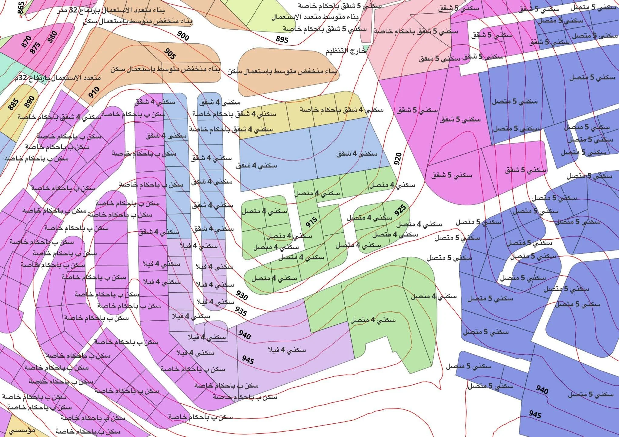 Map with colored zones and contour lines, including labels in Arabic indicating different land uses or zoning categories such as residential, industrial, and mixed-use areas.