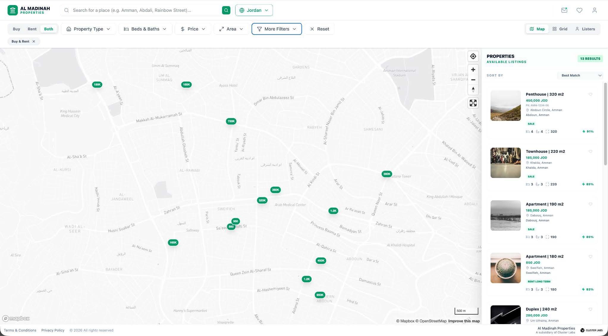 Map of Amman, Jordan showing property listings with prices and details.