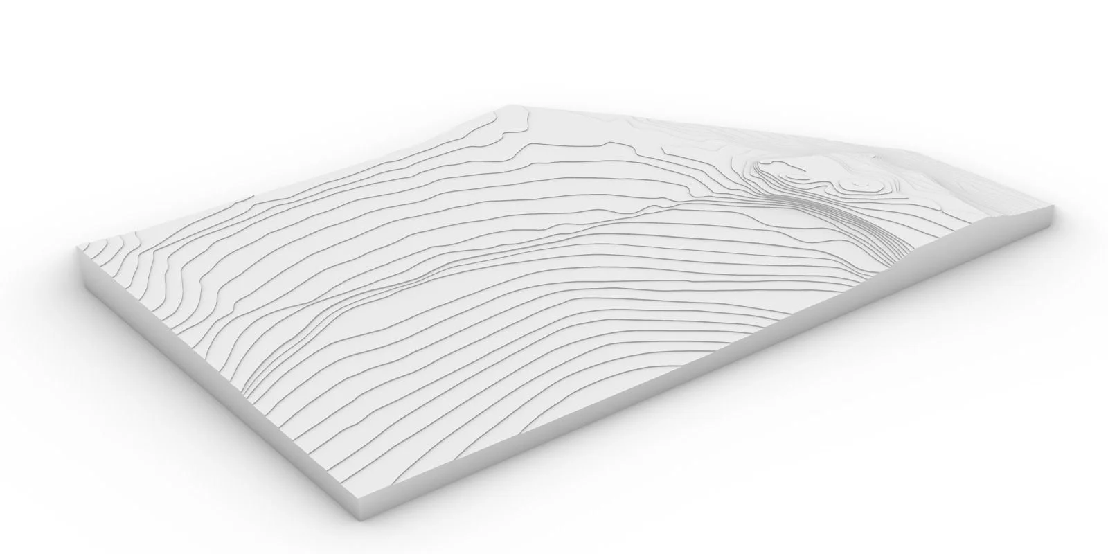 White topographic model with contour lines showing elevation changes.