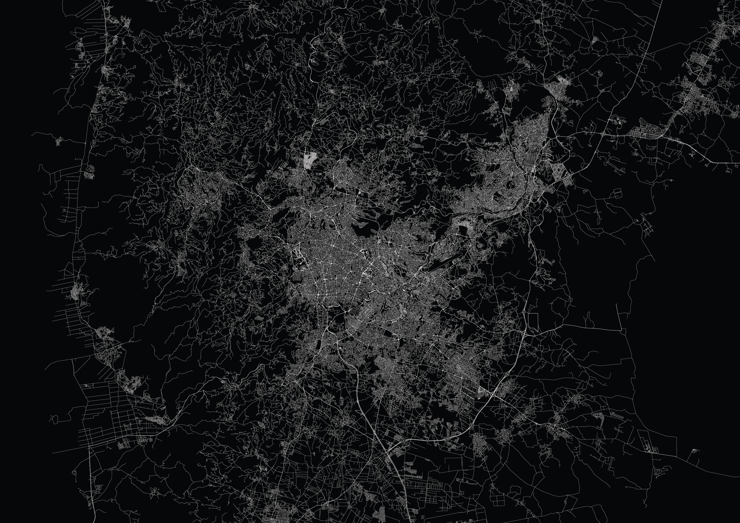 A black background map with white lines depicting streets and roads in a city and surrounding areas.