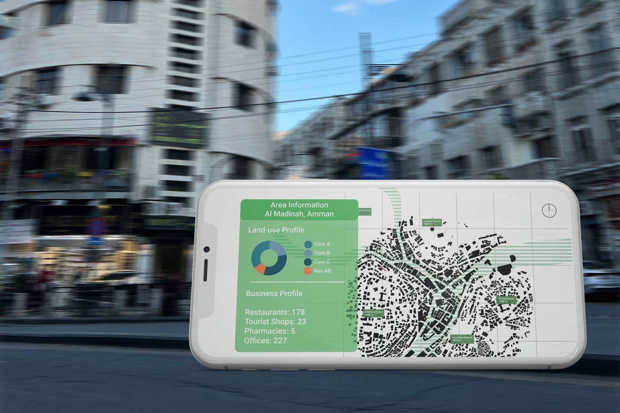 A street scene with blurry buildings and power lines, with a sign displaying a map and information about Al Madinah, Amman, including land-use profile, number of restaurants, tourist shops, pharmacies, and offices.