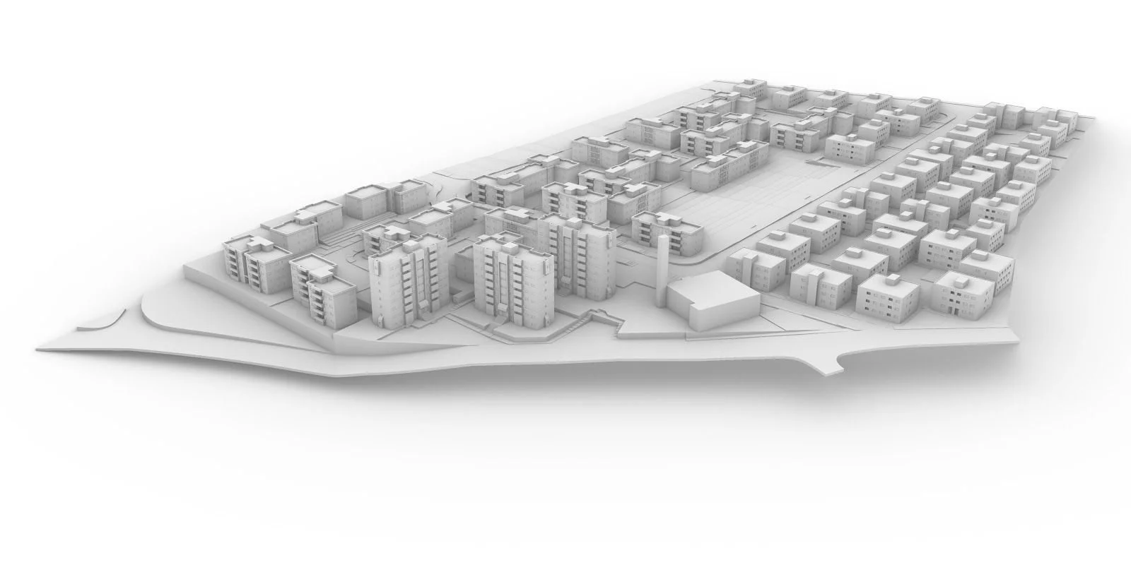 White-scale architectural model of a residential apartment complex with multiple buildings and open fields.