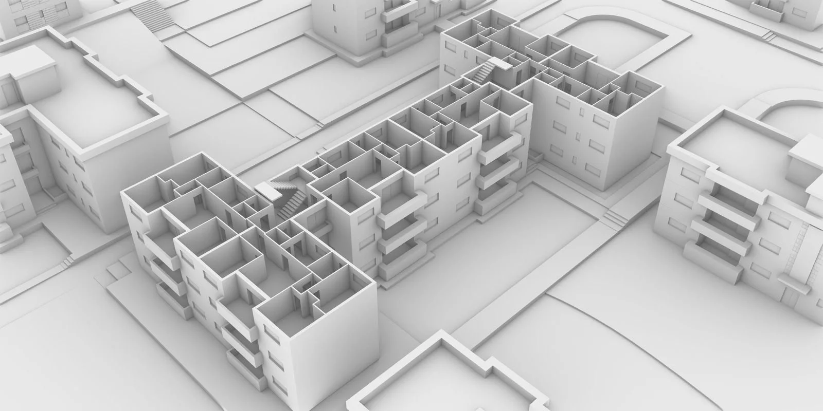 Three-dimensional architectural model of a modern apartment complex with multiple buildings and interconnected pathways.