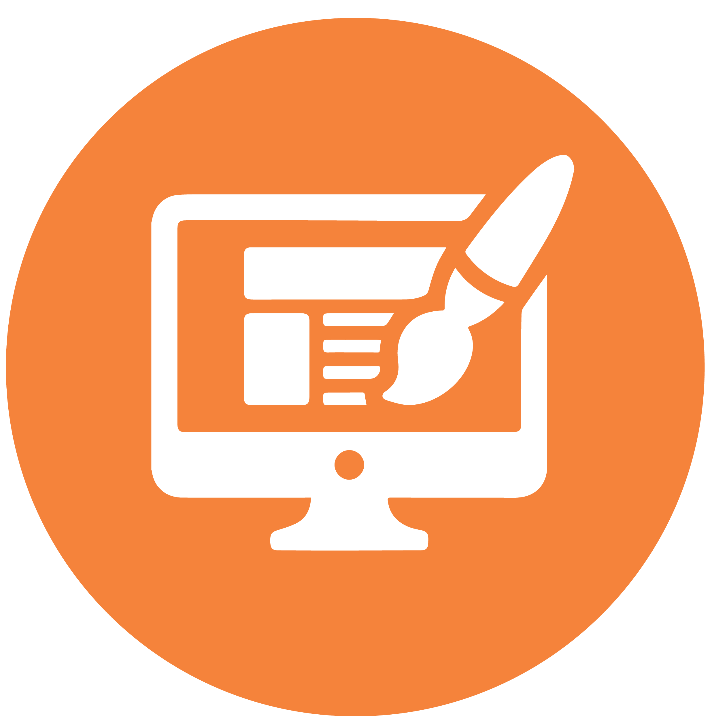 Illustration of a computer monitor with a paintbrush icon, suggesting web design, on an orange background.
