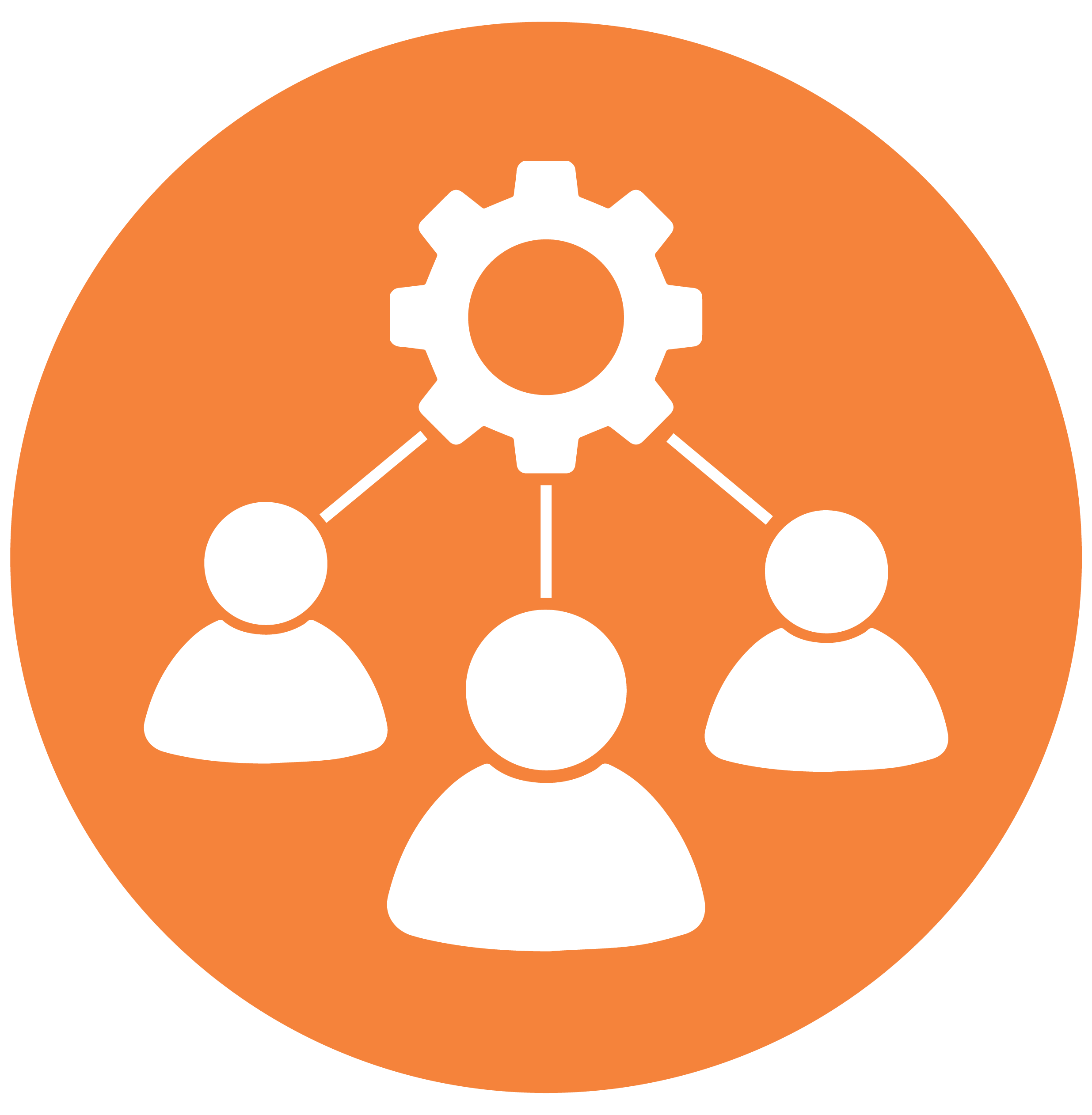 Orange circle with white icons of three connected people and a gear