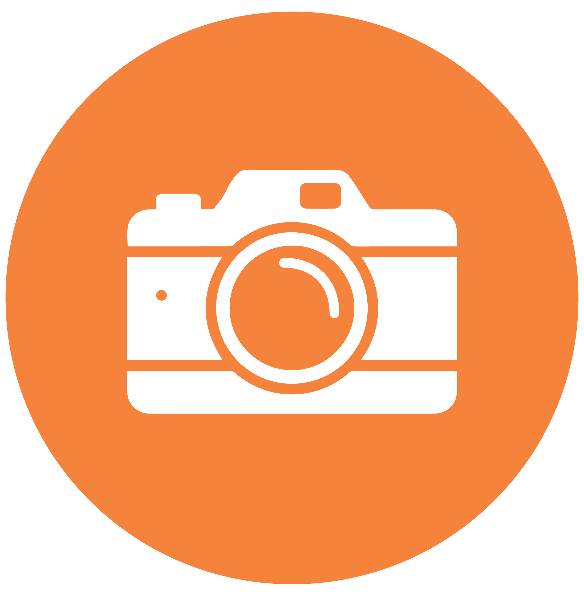 White camera icon on orange circle background