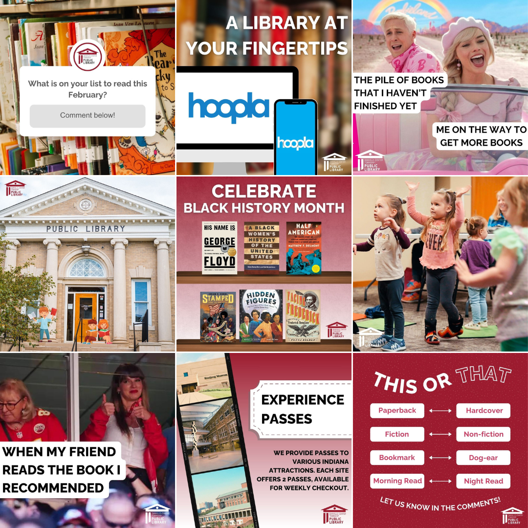 Collage of nine images related to a public library. Images include books and reading lists; Hoopla app on electronic devices; people with books; a library building; celebration of Black History Month with diverse book covers; children in an educational setting; people enjoying reading; promotional details for experience passes to Indiana attractions; and a "This or That" poll featuring reading preferences such as paperback versus hardcover and morning versus night reading.