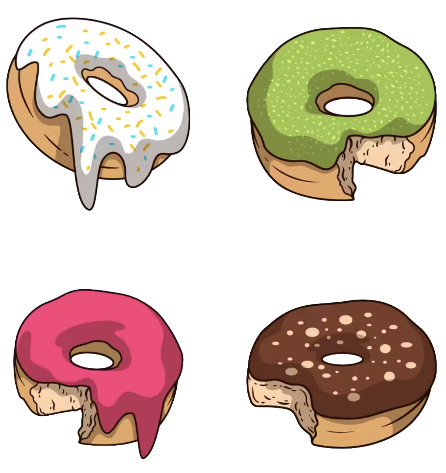Illustration of four donuts with various frostings: white with sprinkles, green with a bite taken, pink with a bite taken, and brown with white spots and a bite taken.