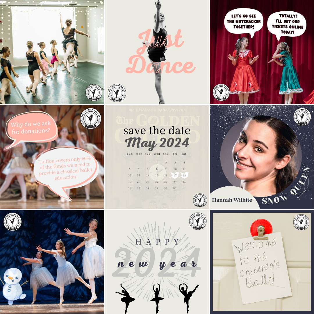 Collage of ballet-related images. Top left: Ballet dancers practicing in a studio. Top middle: Ballet dancer with text 'Just Dance.' Top right: Two girls in red dresses discussing tickets for The Nutcracker. Middle left: Text about donations for ballet education. Middle center: Calendar for May 2024 with 'The Golden' event. Middle right: Portrait of a woman labeled 'Hannah Wilhte, Snow Queen.' Bottom left: Ballet dancers with a snowman. Bottom center: 'Happy New Year 2024' with dancing silhouettes. Bottom right: Sign 'Welcome to the children's ballet.'