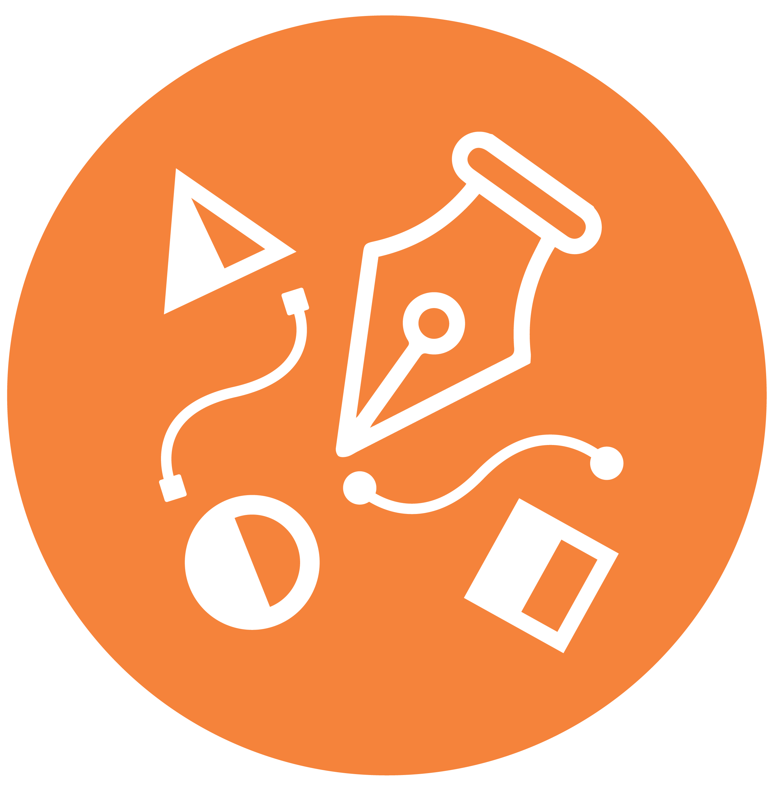 Graphic design tools icon with pen nib, shapes, and curves on orange circle background.