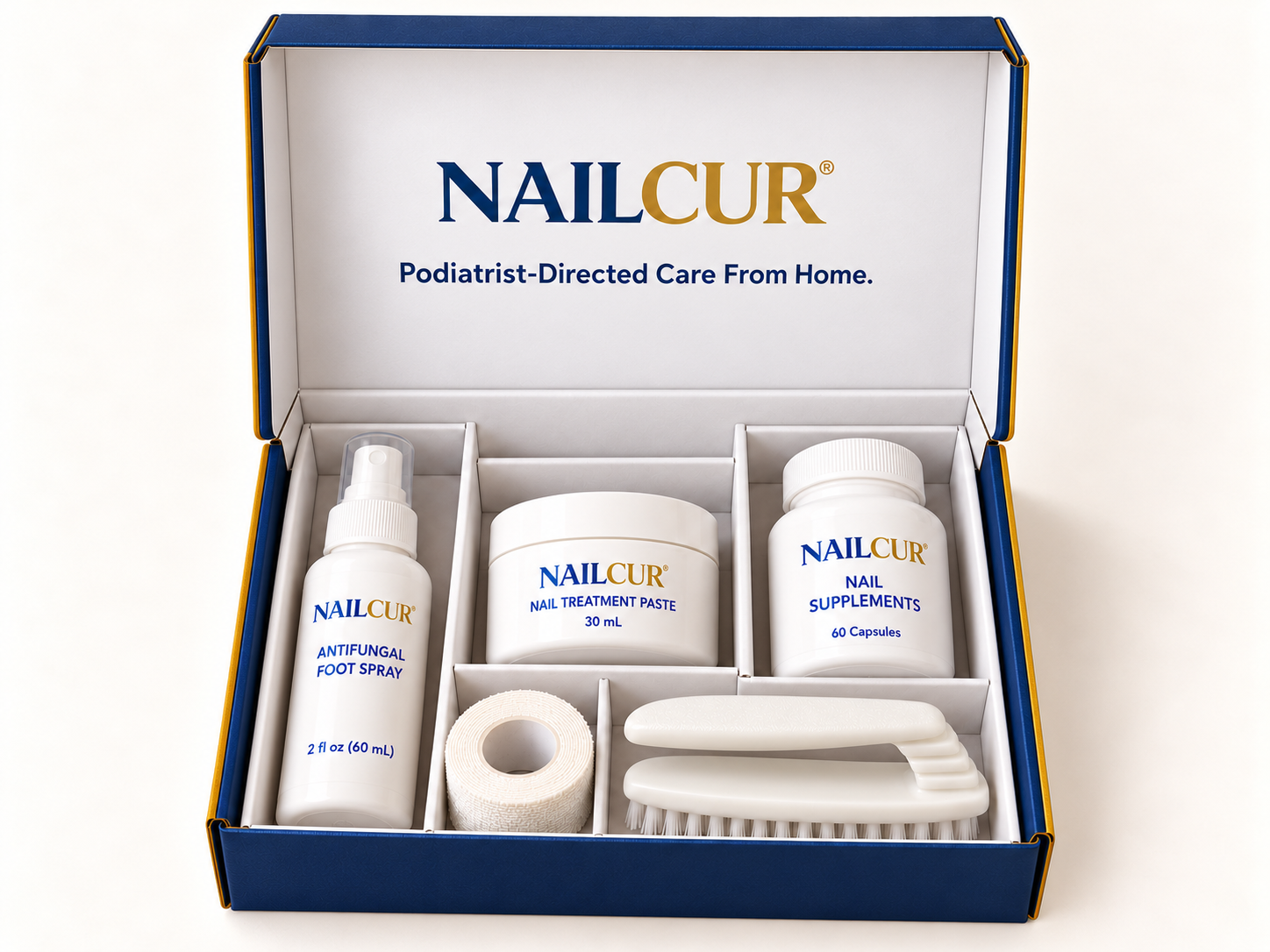 Illustrative open NailCur kit with spray, 30 mL paste, nail supplements, tape and foot-care brush