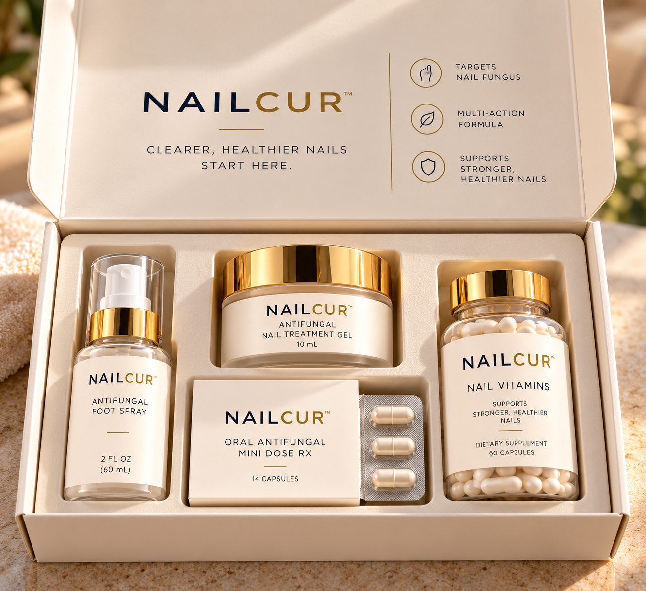 Illustrative NailCur kit with nail spray, jar, vitamins and foot-care brush