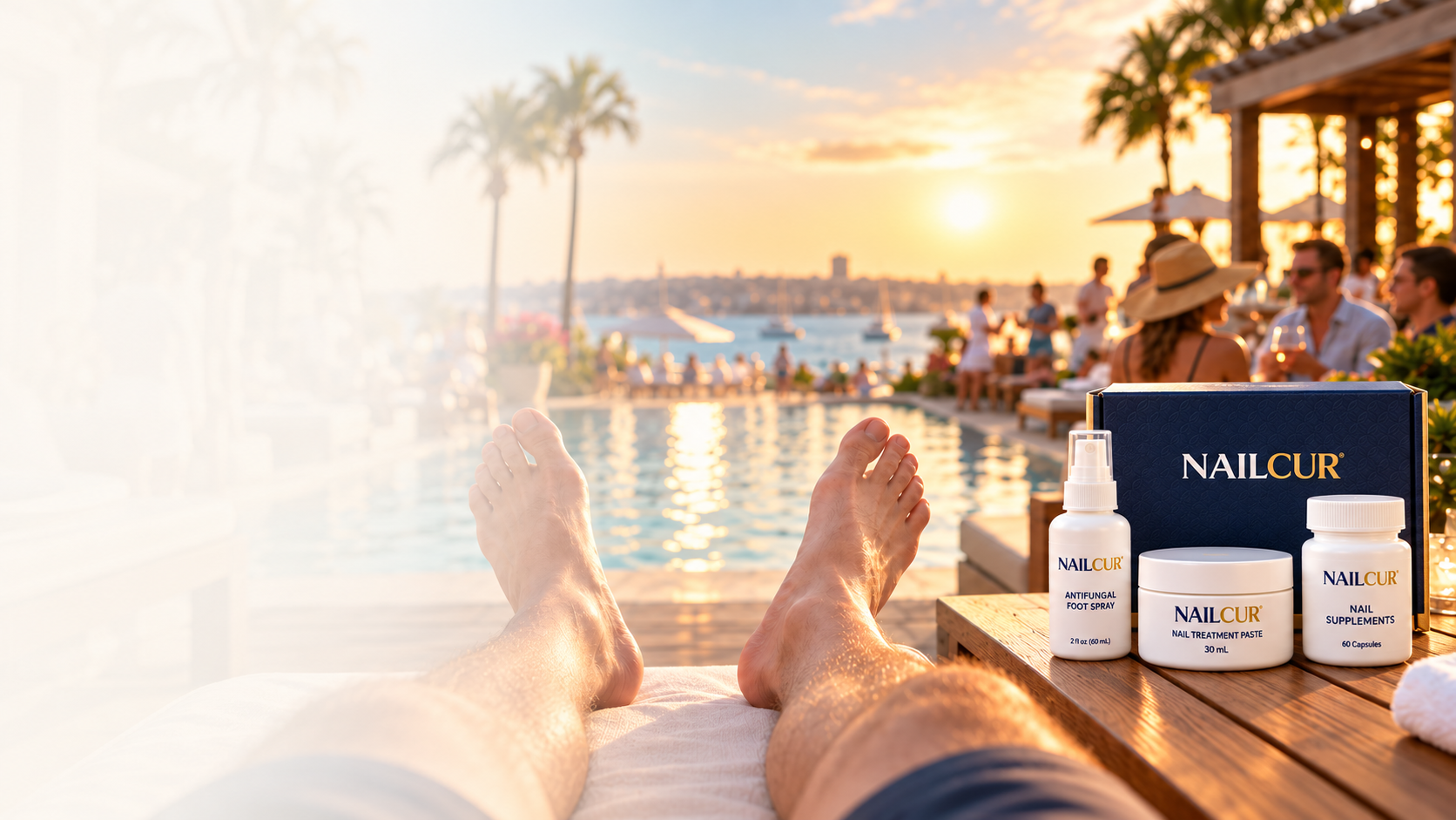 Poolside setting with the NailCur home-care products