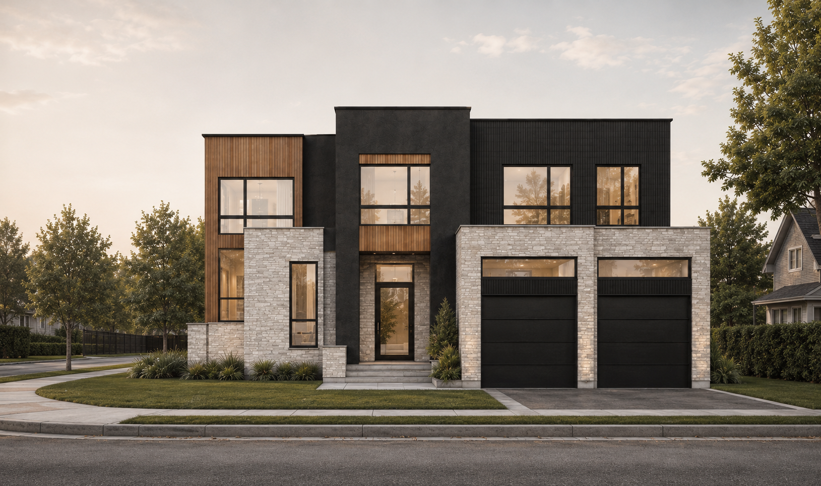 Front elevation of contemporary custom home in Blainville