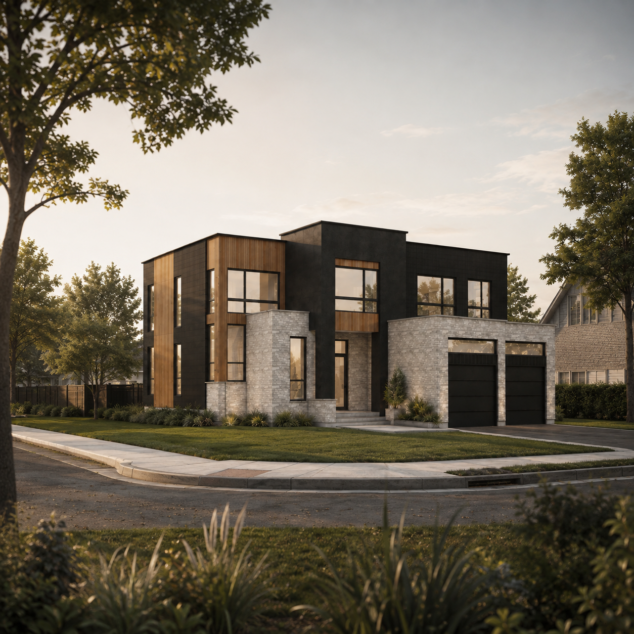 Modern residential design with stone wood and dark cladding in Blainville