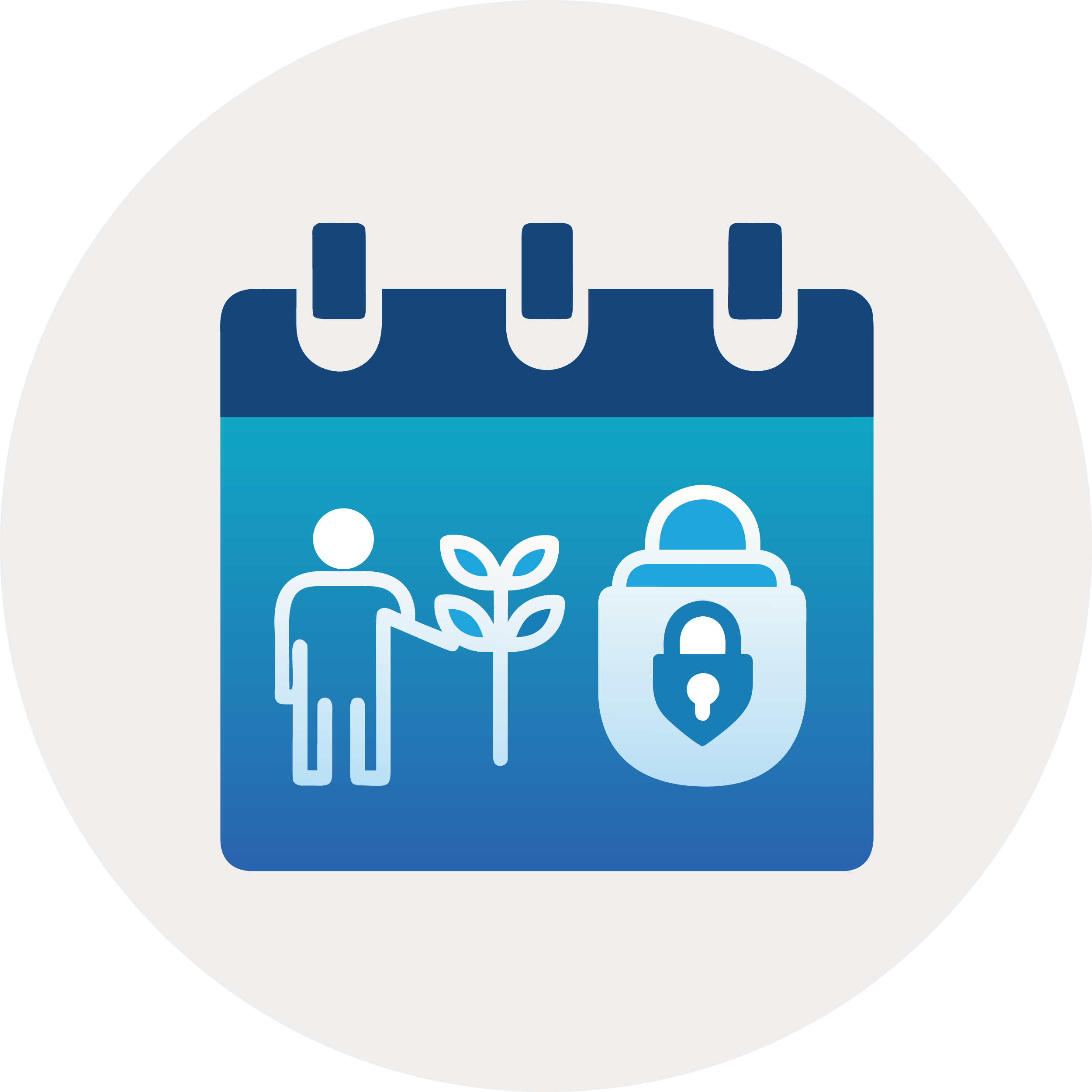 Calendar icon with a person watering a plant, a lock symbol, indicating environmental safety and security.