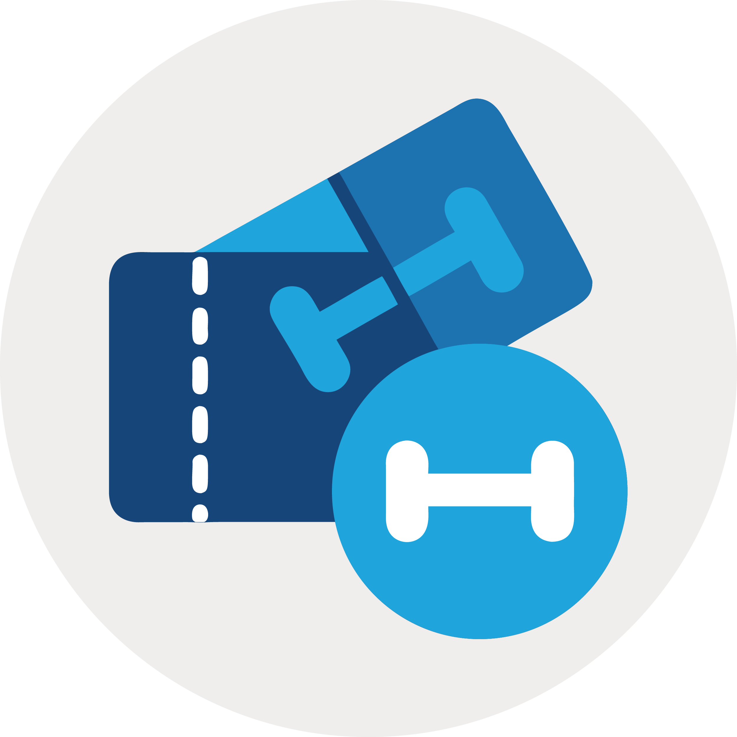 Icon representing fitness equipment, including a box with a dotted line, a pair of dumbbells, and a circular icon with a dumbbell symbol.