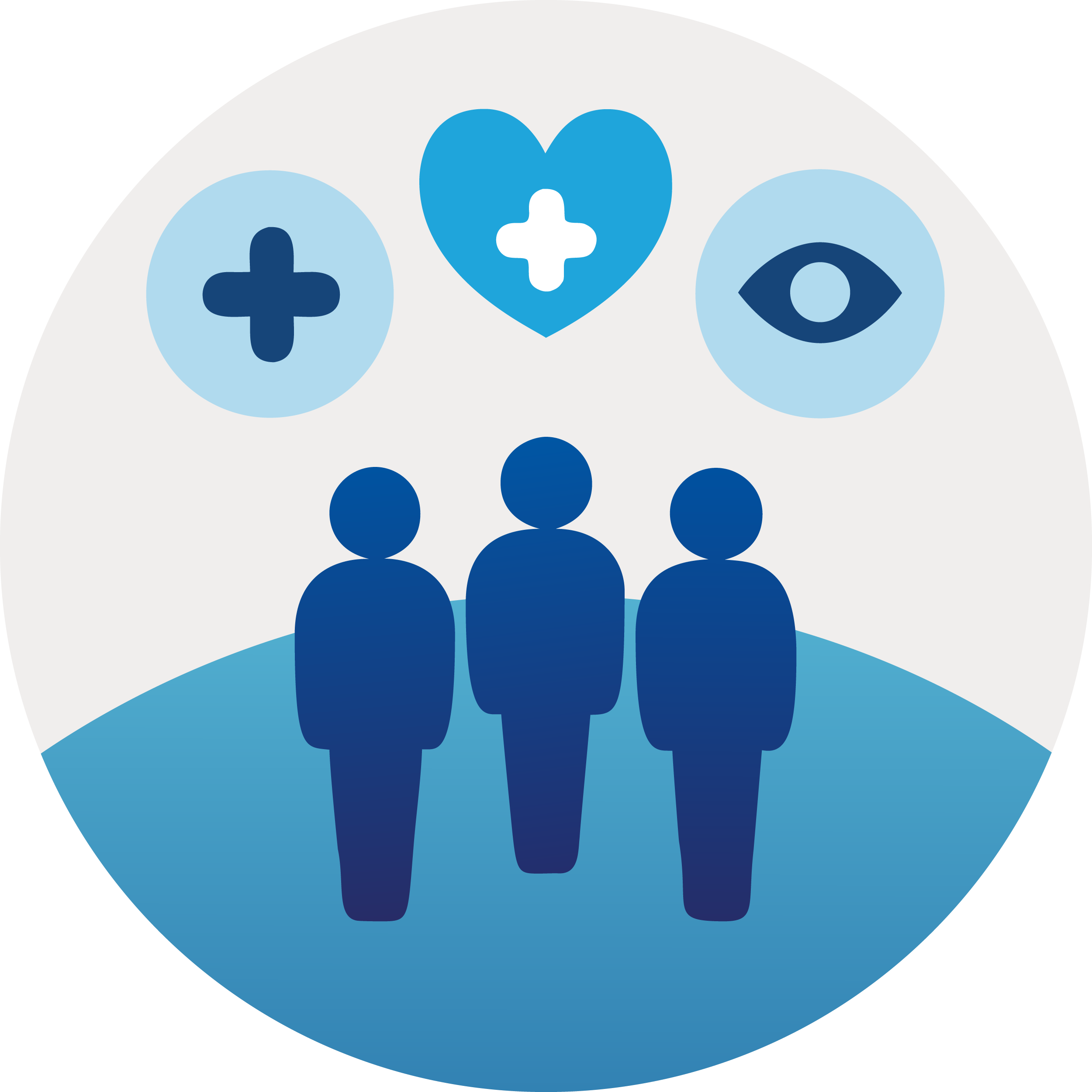 Three people standing on a hill with health-related icons above them, including a heart with a plus sign, a medical cross, and an eye.