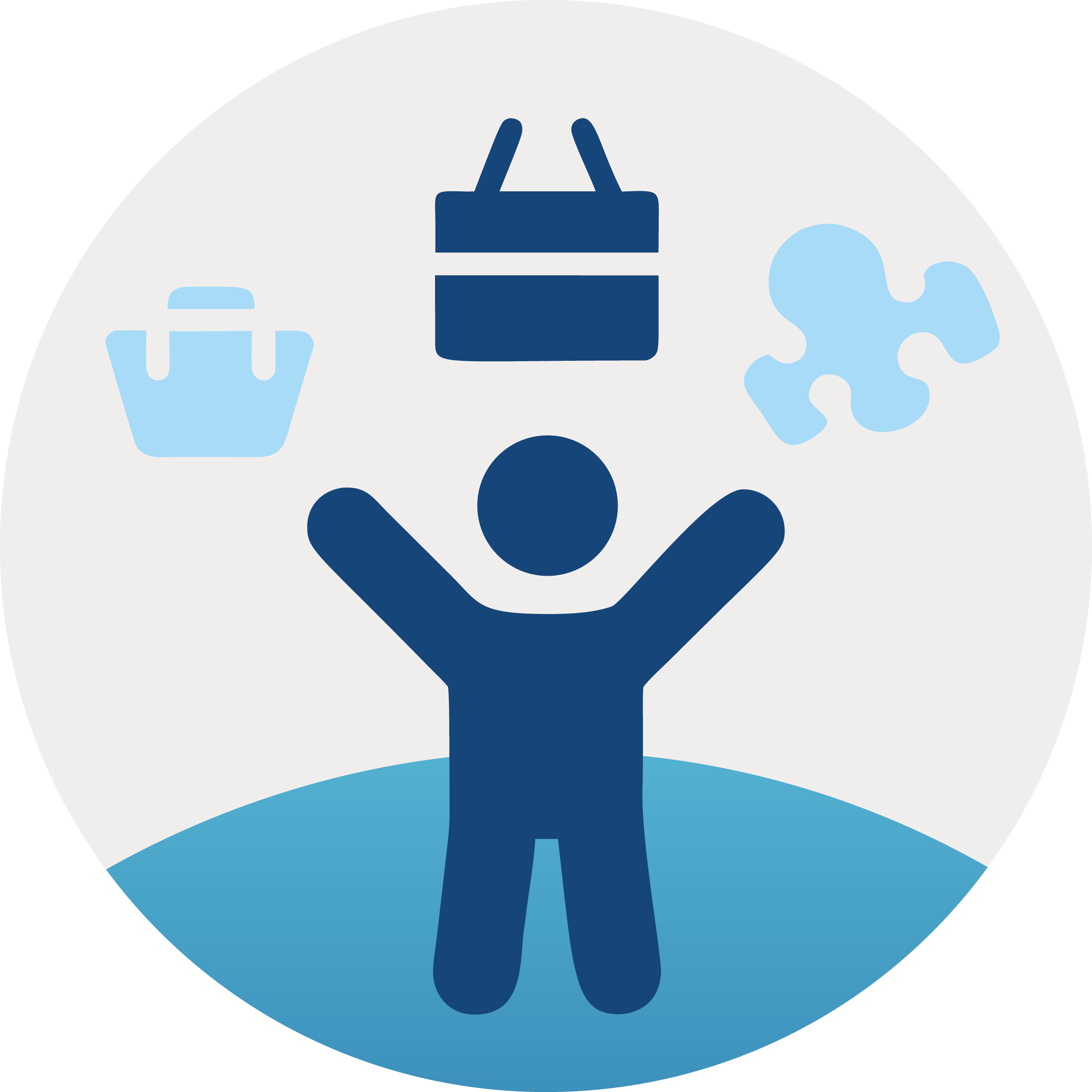 A graphic of a person with arms raised, surrounded by icons of a shopping basket, a bag, and a puzzle piece, on a circular gray background.