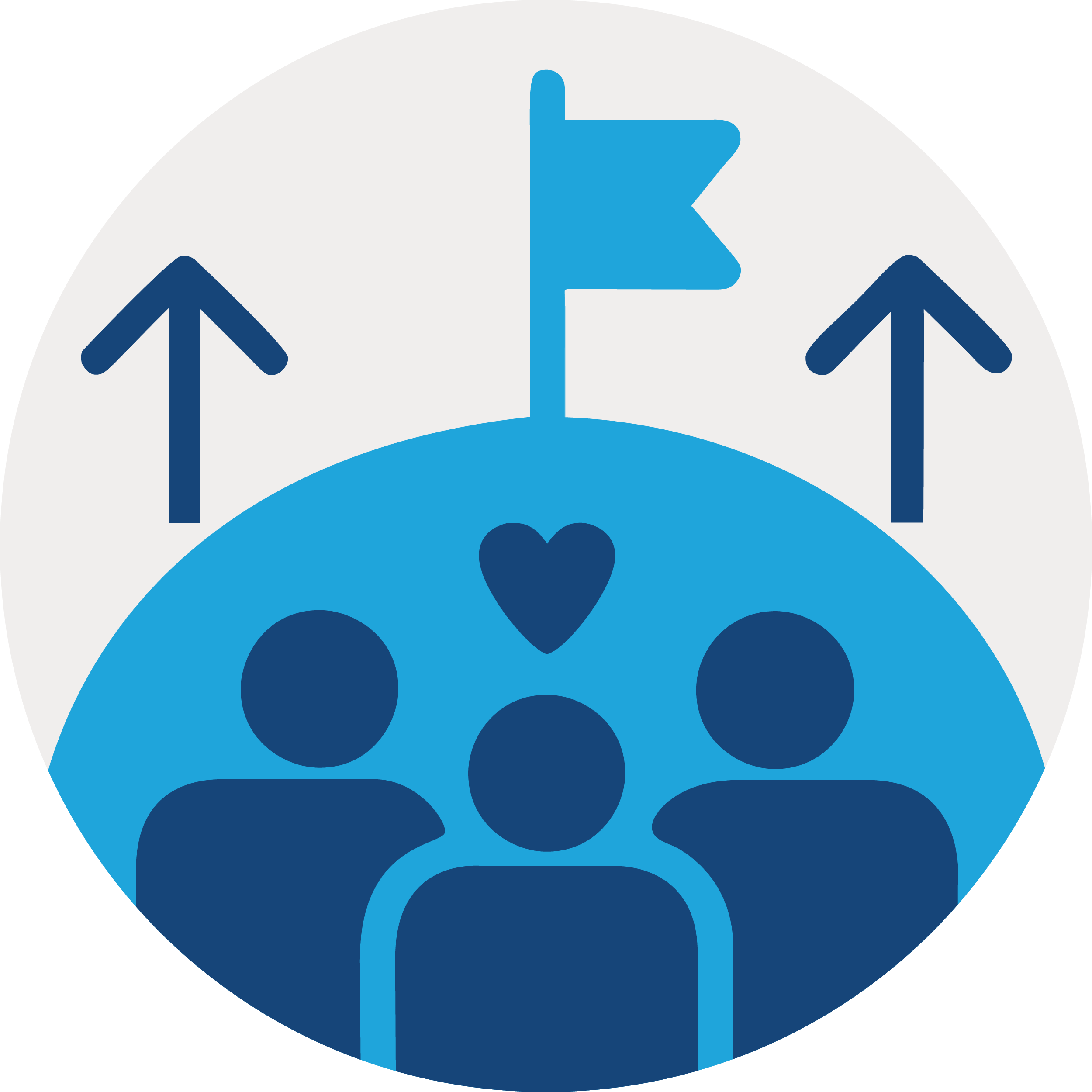 Icon depicting a group of three people with a heart above them, a flag on a hill, and arrows pointing upward.