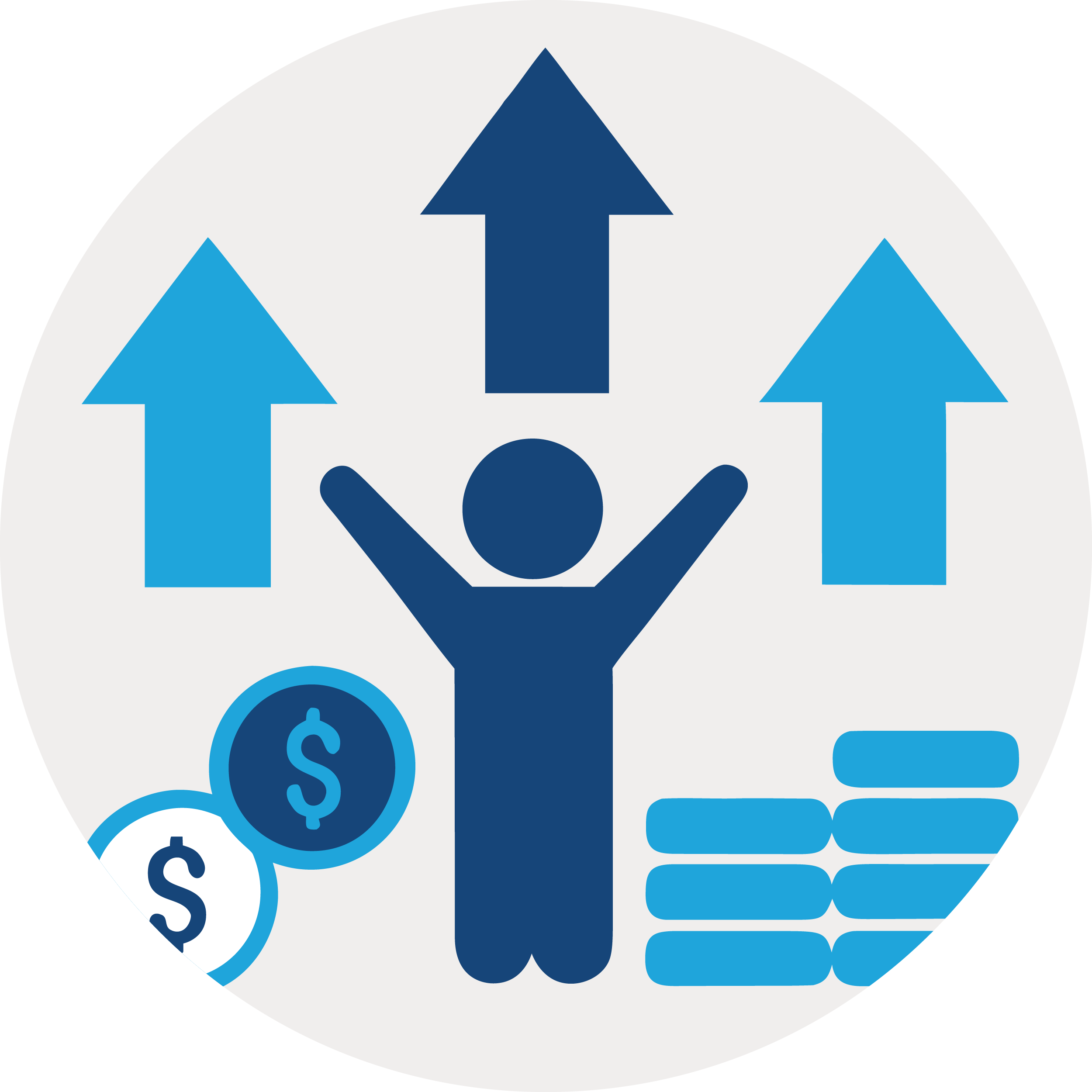 A person with arms raised celebrating surrounded by upward arrows, coins with dollar signs, and stacks of money, symbolizing financial success or earning money.