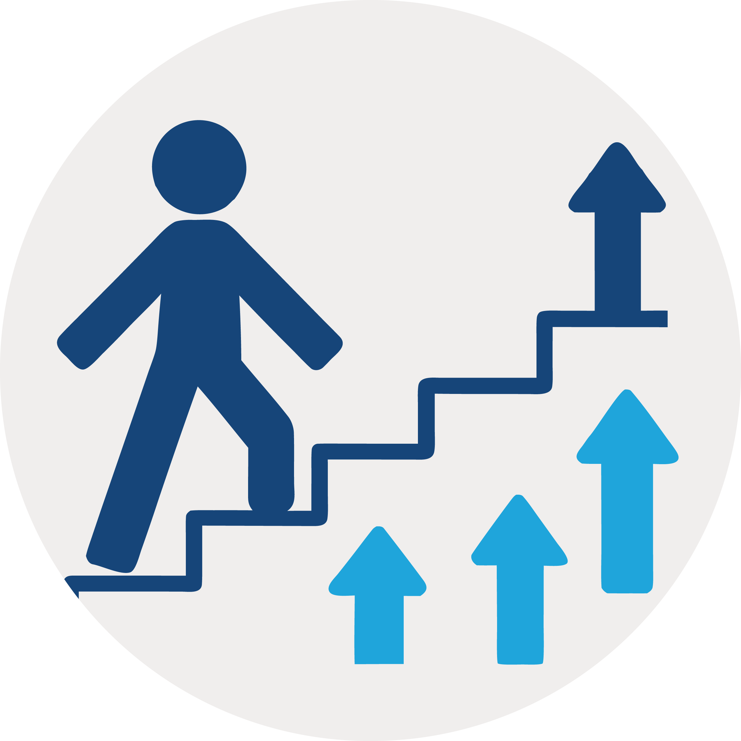 Icon of a person climbing stairs with upward arrows indicating progress or growth.