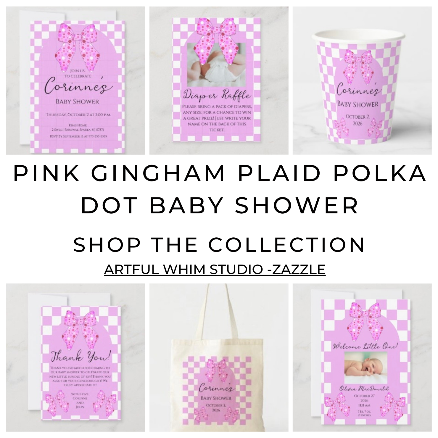 Pink baby girl shower gingham plaid polka dot bows