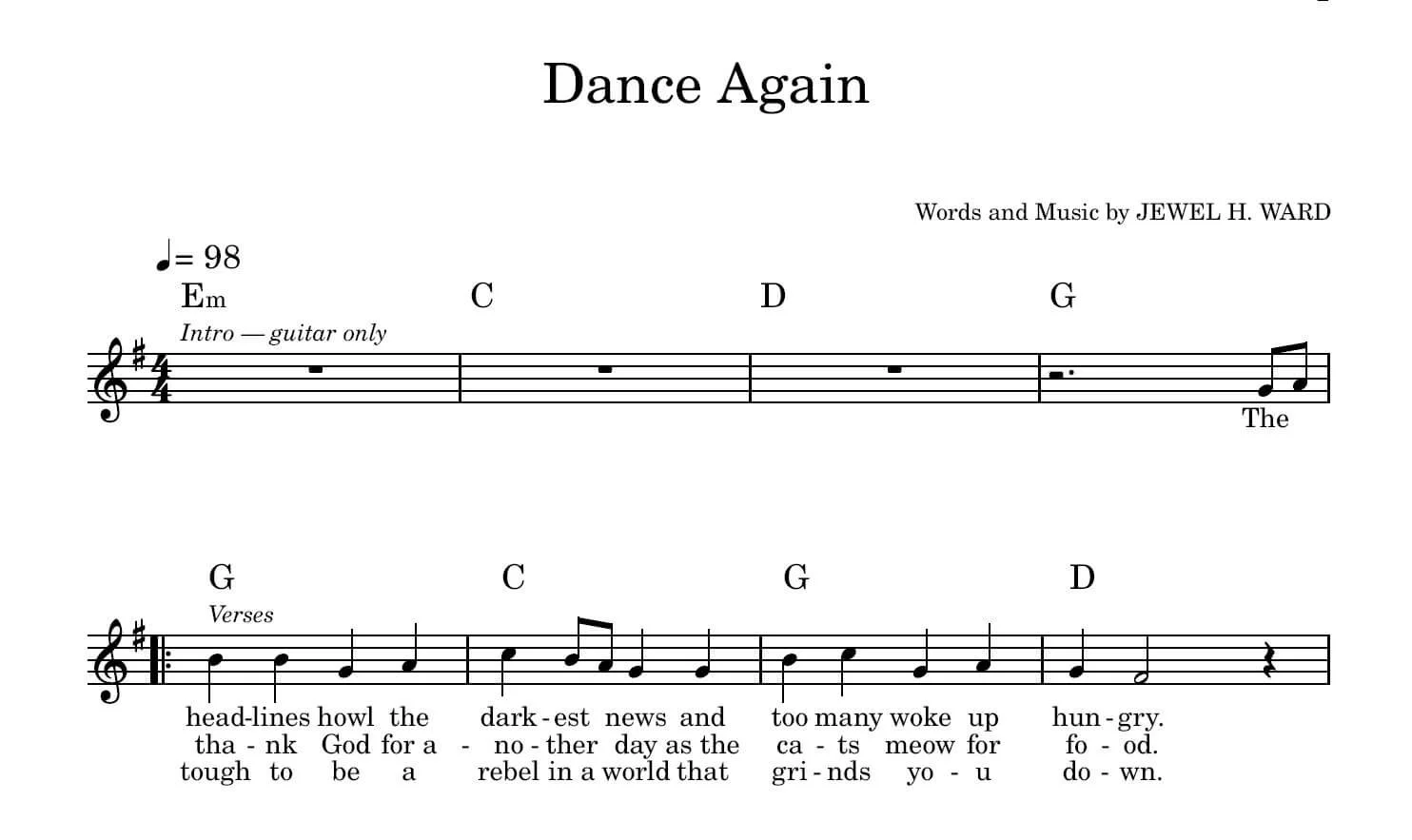 Sheet music excerpt for “Dance Again” by Jewel H. Ward, showing the title, tempo of 98 bpm, opening guitar chords, and the first lines of the three verses.