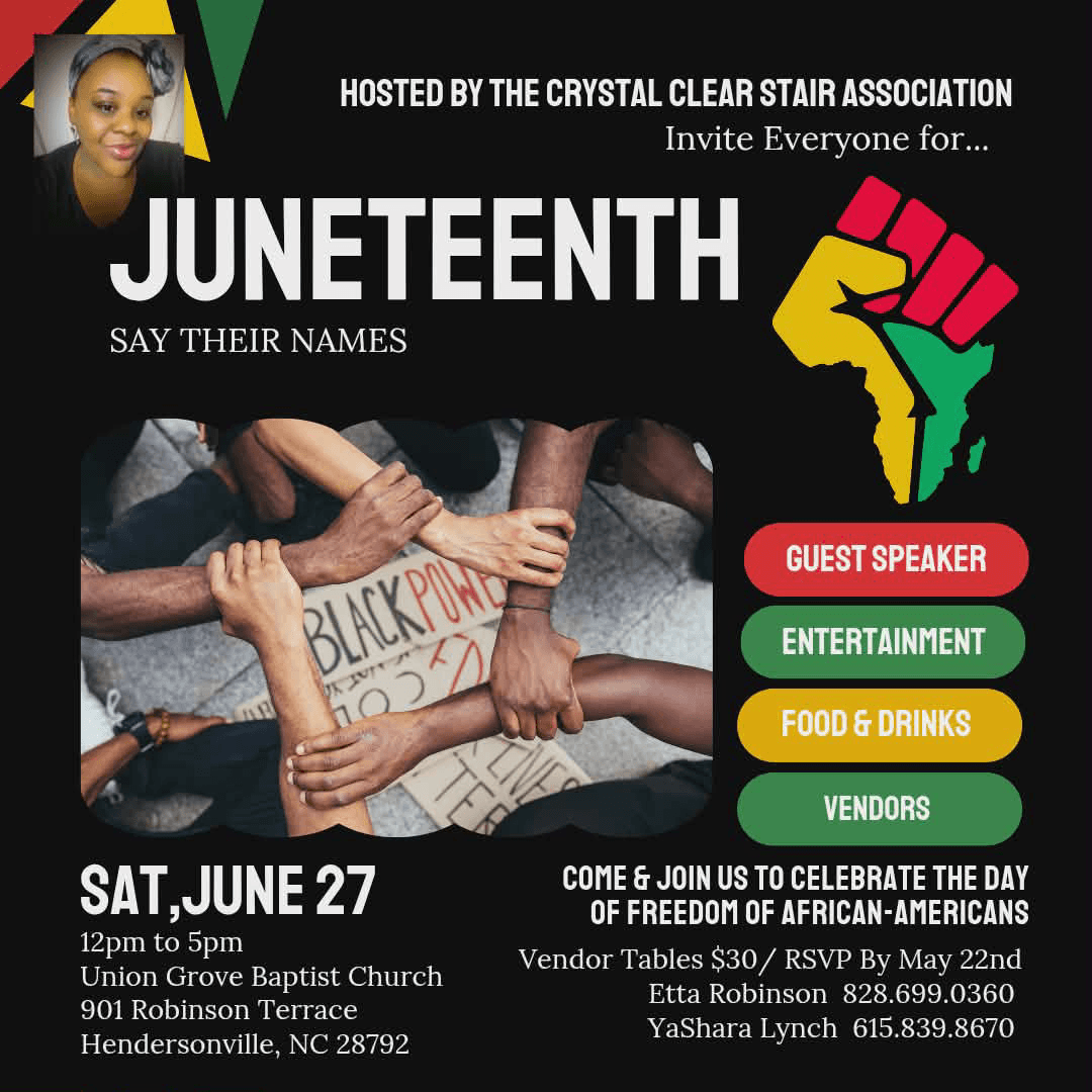 Juneteenth celebration flyer for Hendersonville, North Carolina, on Saturday, June 27, 2026, from 12:00 PM to 5:00 PM at Union Grove Baptist Church. Theme: “Say Their Names.” The event honors Crystal Cauley (1980–2024) and features guest speakers, li