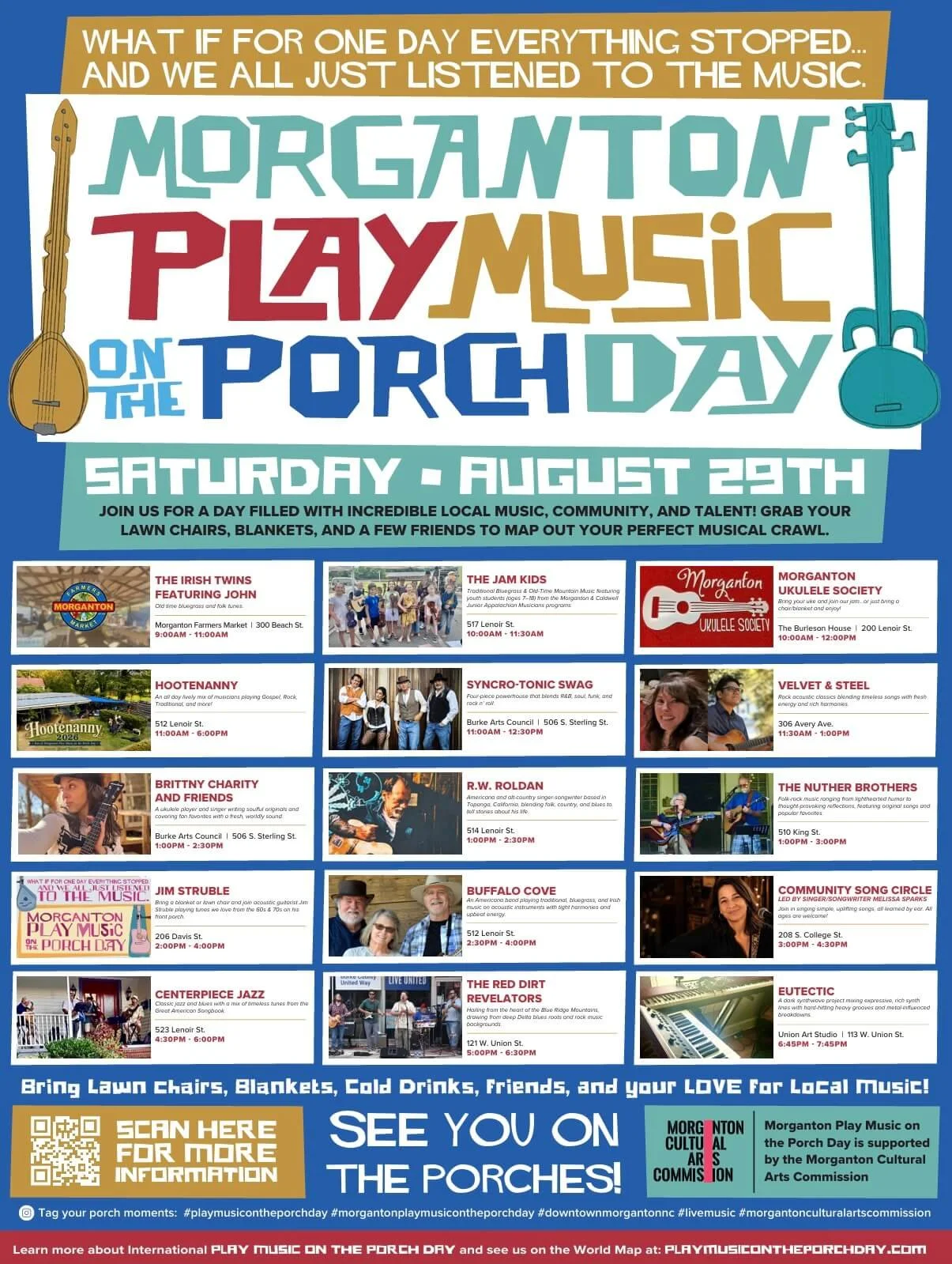 2026 Morganton Play Music on the Porch Day program for Saturday, August 29, featuring 15 performances across Morganton from 9:00 a.m. to 7:45 p.m., including the Hootenanny at 512 Lenoir Street from 11:00 a.m. to 6:00 p.m.