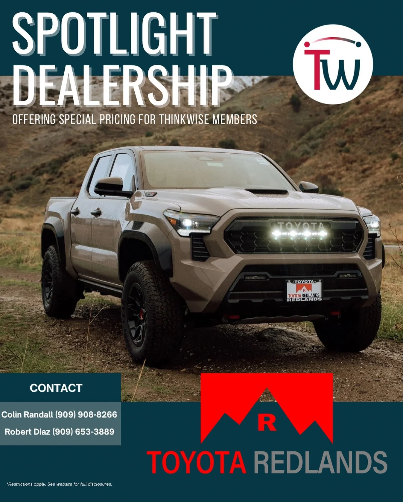 We&rsquo;re excited to announce our new Spotlight Dealership, just in time for the holidays! 

For a limited time, @toyota_of_redlands is offering Thinkwise Members special pricing. Whether you need a family car or new off roader, they have a large s