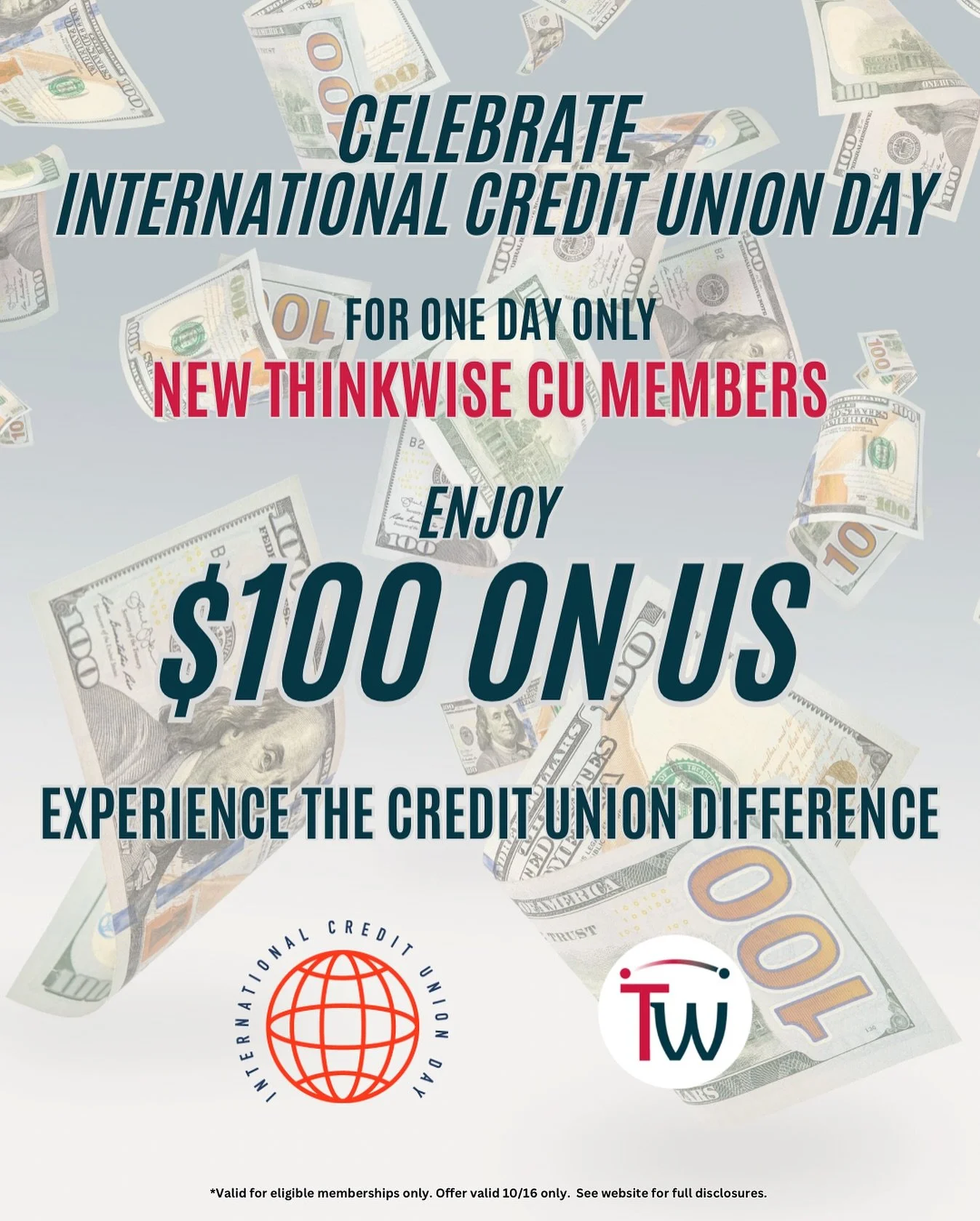 TOMORROW, October 16th is International Credit Union Day🥳

Celebrate Thinkwise and the spirit of the credit union movement on ICU Day. We will have cookies in our branches and a special offer for new members!

Eligible memberships opened on October 