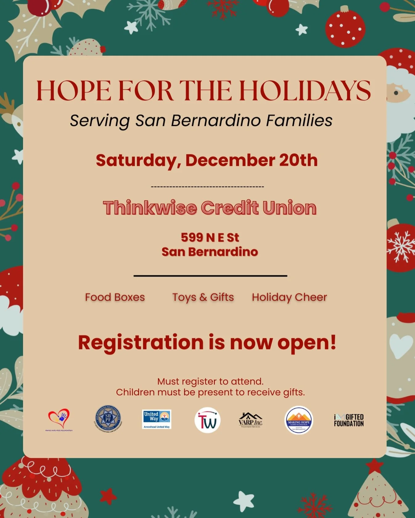 We&rsquo;re bringing cheer to San Bernardino City families this holiday season!🎄☃️

Registration is now open for our Hope for the Holidays event, a drive-thru style giveaway. 

Click the link in our bio to register, and share with a San Bernardino f