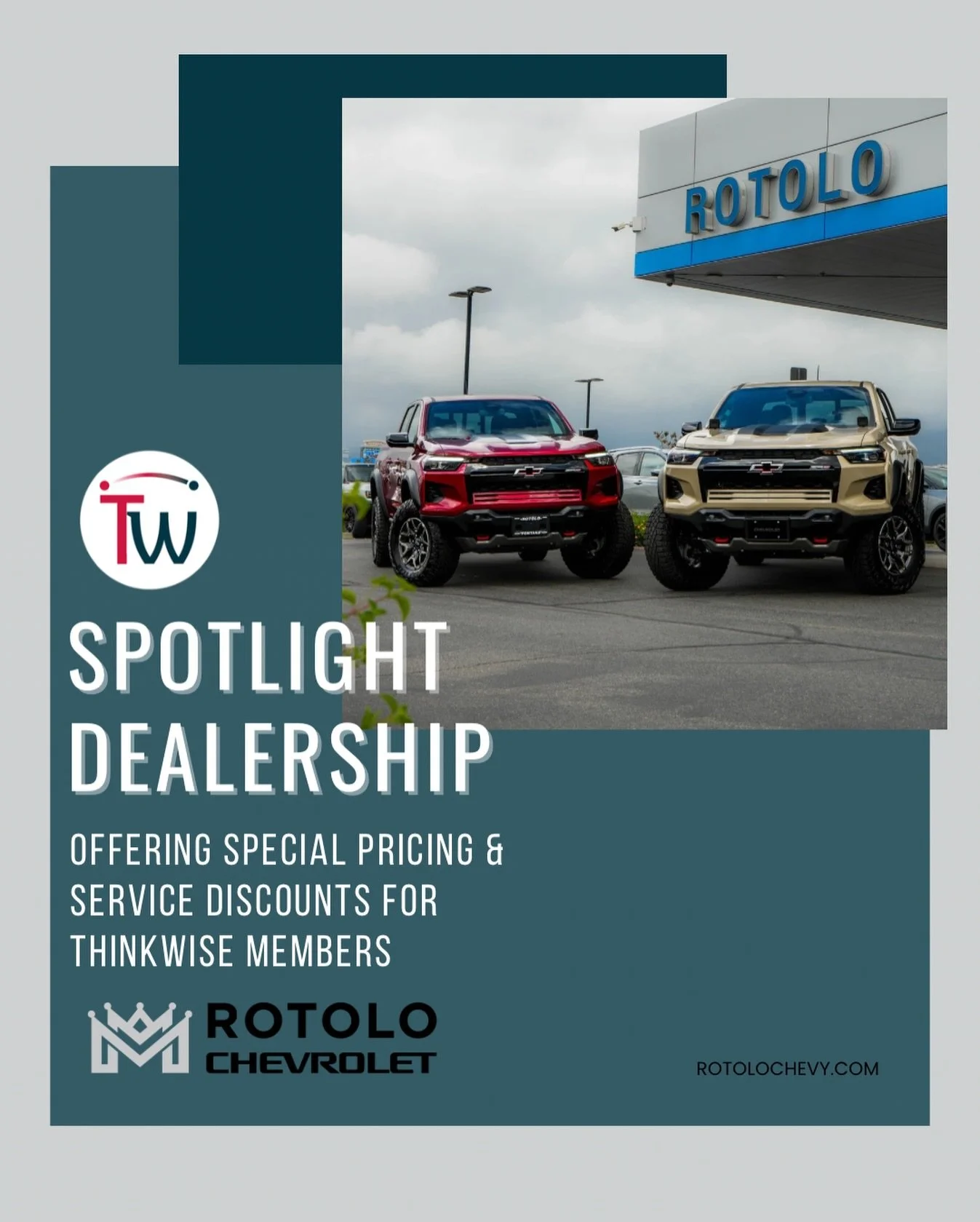 We&rsquo;re excited to share our new Spotlight Dealership, Rotolo Chevrolet 🎉

They&rsquo;re not only offering special pricing on vehicles for our members, but a service center discount for those not in the market for a car! 

Click the link in our 