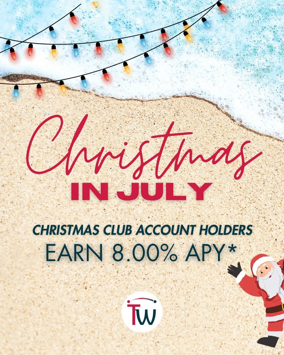 We&rsquo;re kicking off July with a gift to our members! 
Grow your holiday savings before the weather outside is frightful ❄️ 🌴 🎅 

For a limited time, Christmas Club accounts will earn 8.00% APY*! 
Don&rsquo;t have a Christmas Club Account? Give 