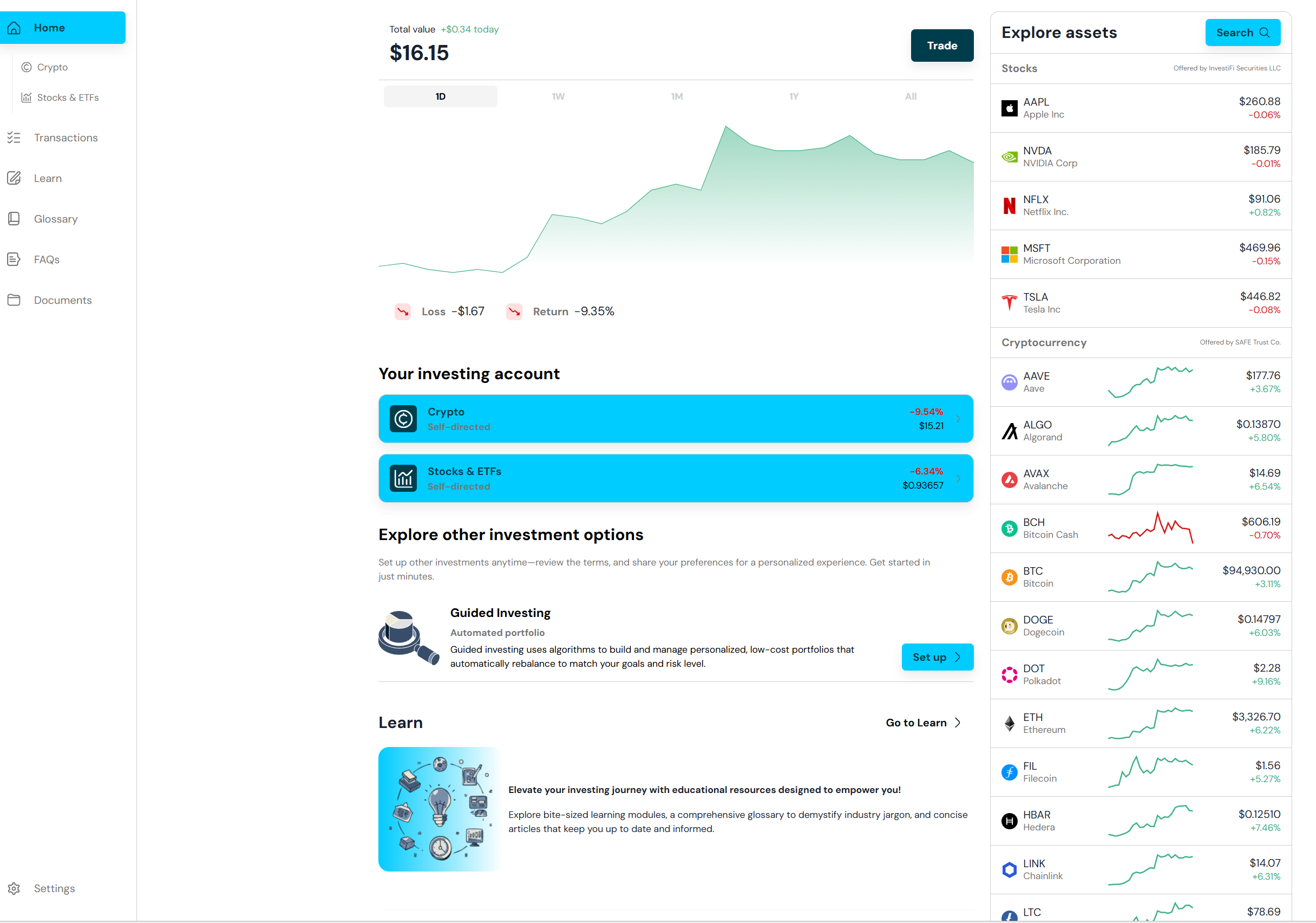 Thinkwise Invest platform home screen