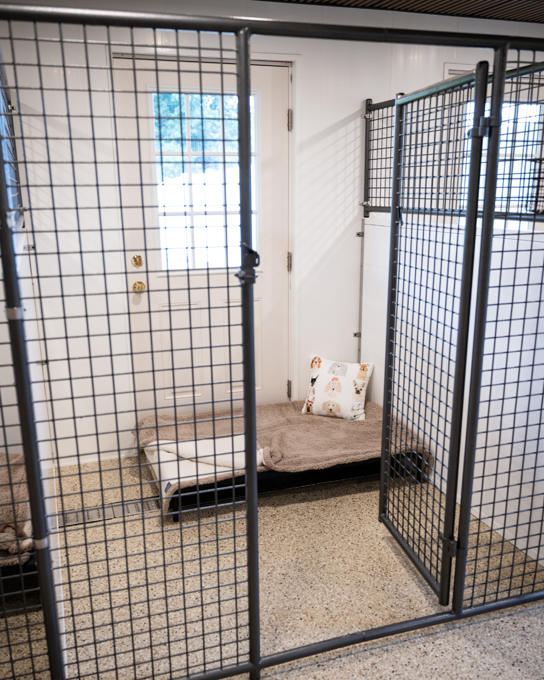 Indoor pet crate area with bedding, a pillow with dog faces, and a door with a window, enclosed by metal wire panels.