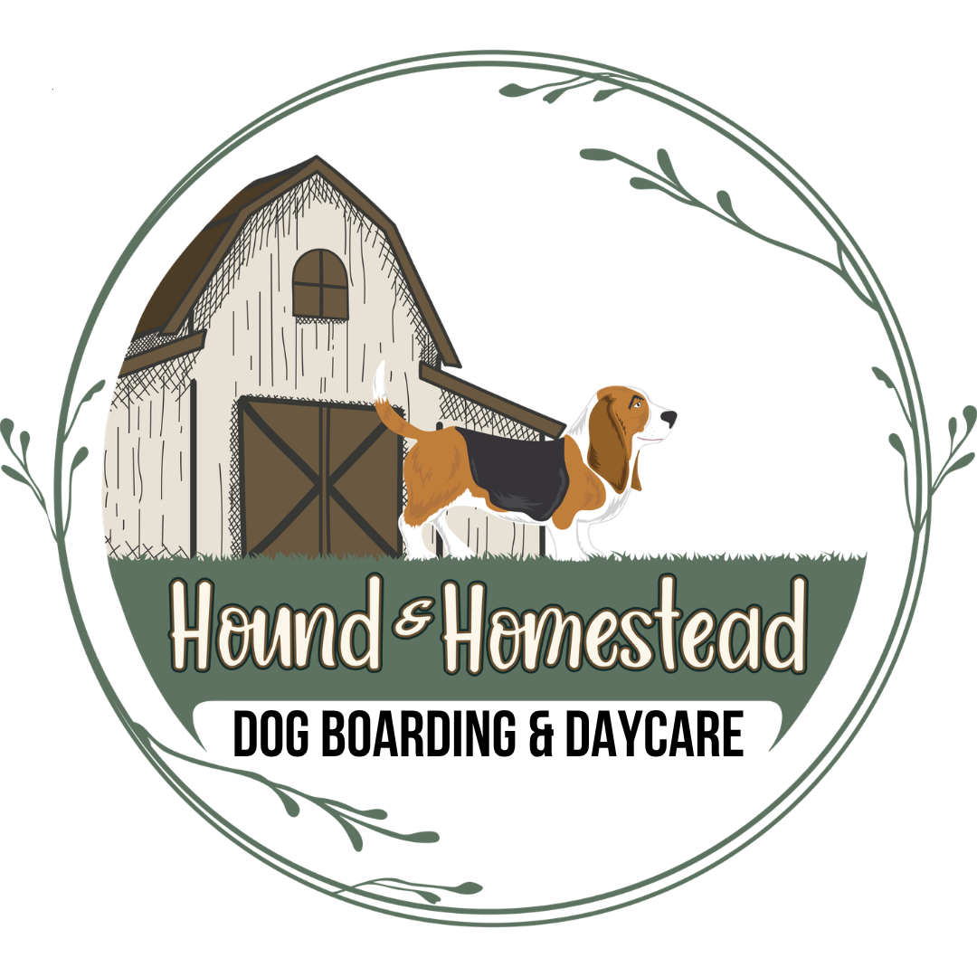 A logo with a barn, a dog, and the text "Hound & Homestead" in a circle with a decorative border.