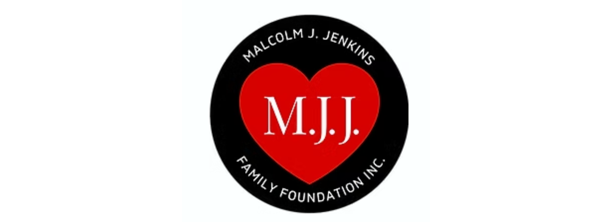 Logo of Malcolm J. Jenkins Family Foundation Inc. featuring a red heart with initials M.J.J. inside, surrounded by black circle with organization name.