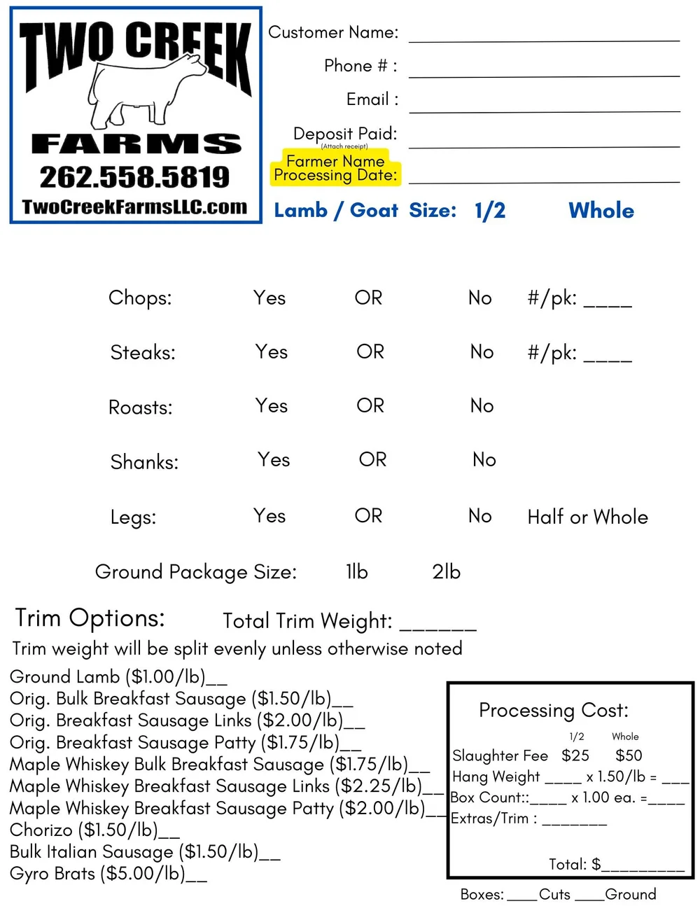 Custom Processing — Two Creek Farms